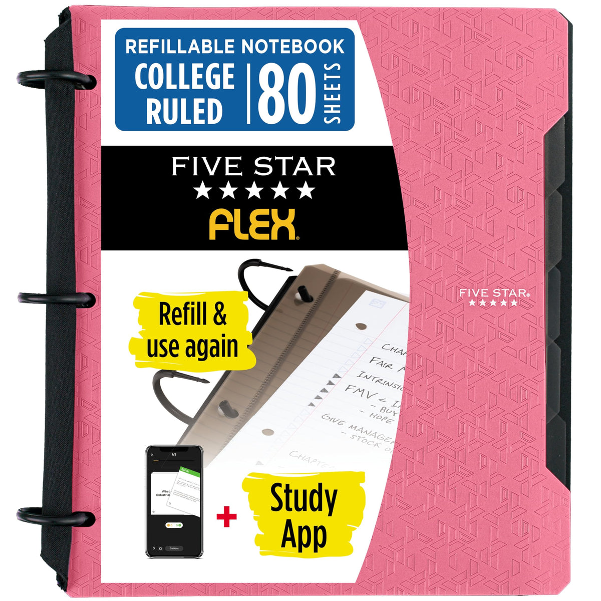 Five Star Flex Refillable Notebook + Study App 1.5 Inch O-Rings Binder with Pockets Tabs and