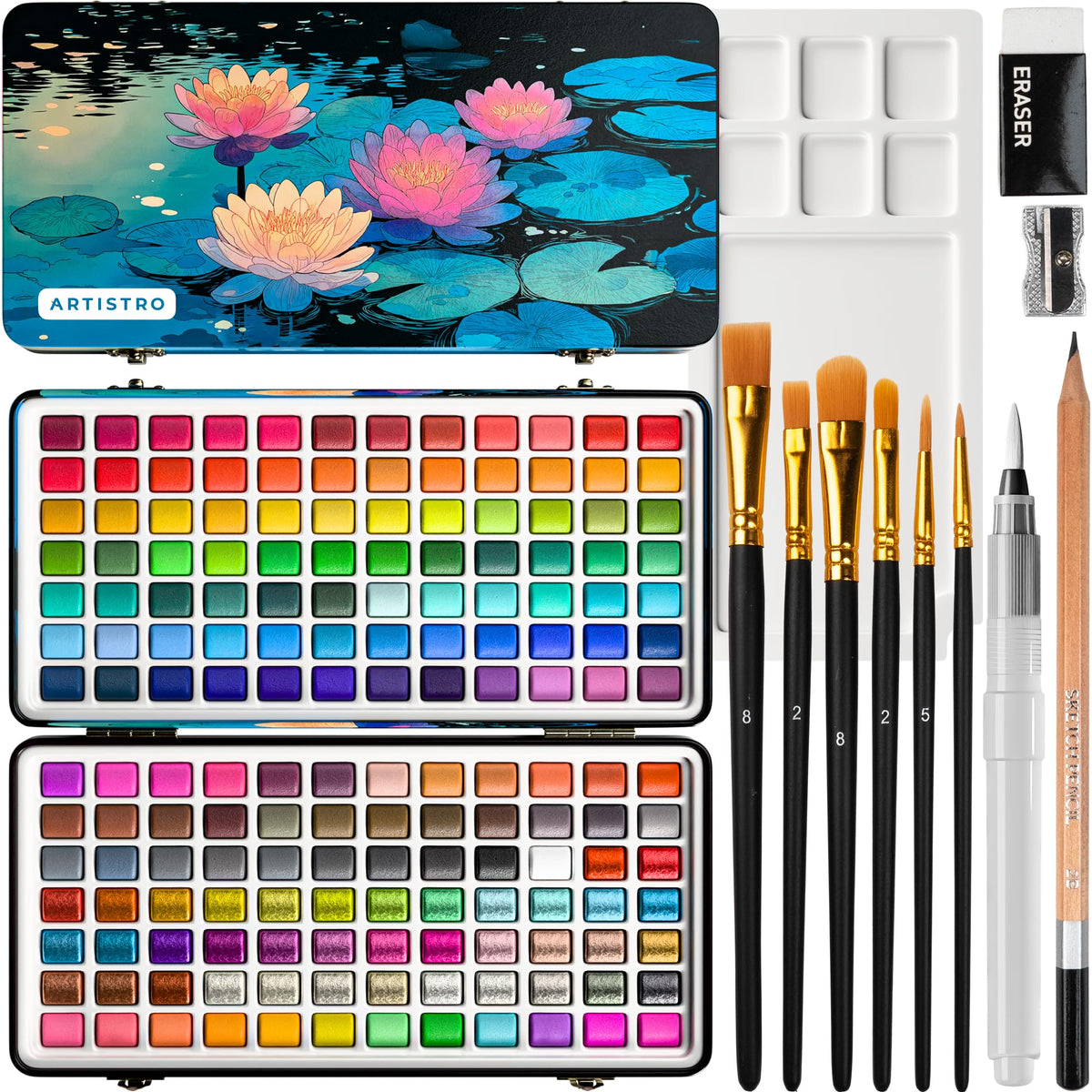 ARTISTRO Watercolor Paint Set with Palette & Brush Pens - 168 Colors