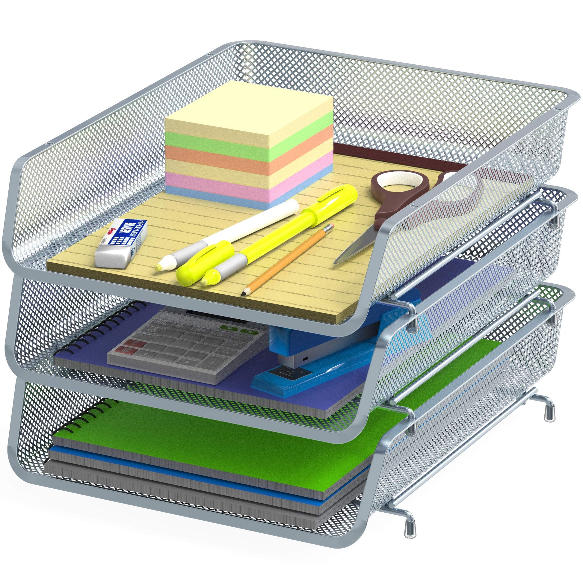 Simple Houseware Stackable Letter Tray Organizer, 3-Pack, Silver