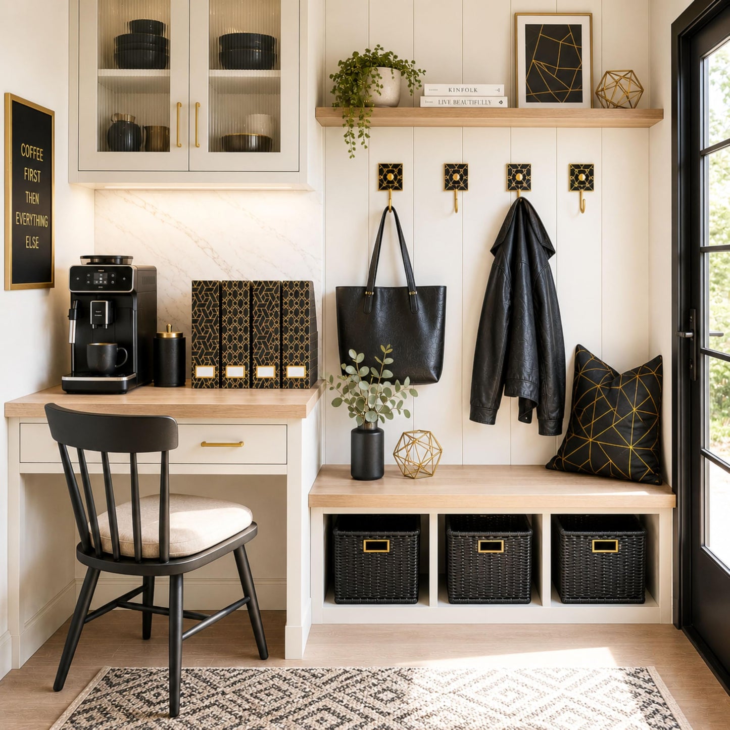 BLU MONACO | Set of 4 Black & Gold Geometric Magazine File Holders with Gold Label Holders |