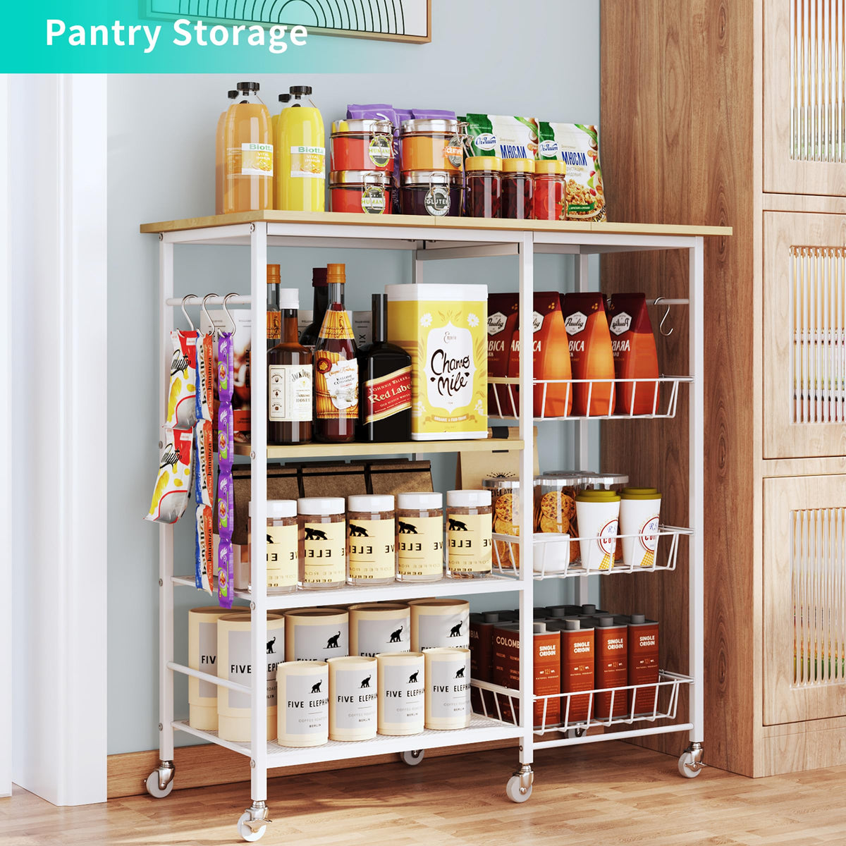 HapiRm Rolling Kitchen Microwave Cart - 4 Tier Microwave Table Stand with Pull-Out Baskets, Coffee