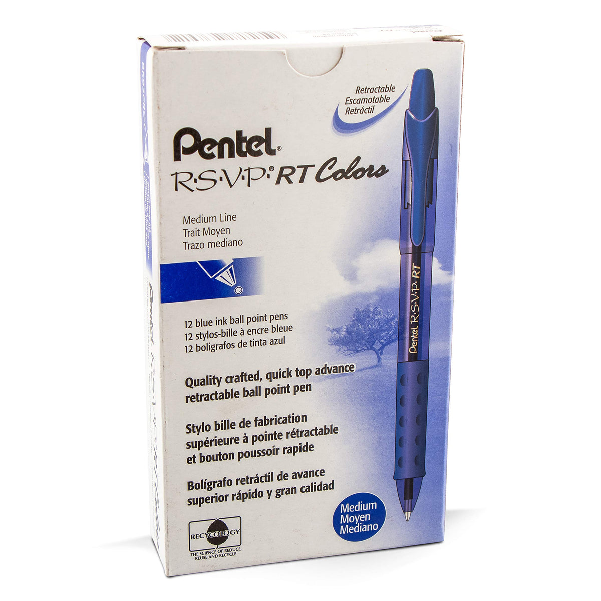 Pentel RSVP RT Colors Retractable Ballpoint Pen, (1.0mm) Medium Line, Barrel, Blue Ink, Box of 12