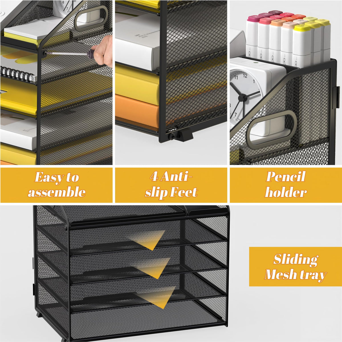 OrgMate 5 Tier Mesh Desk Organizer with Pen Holder and Handle Letter Tray