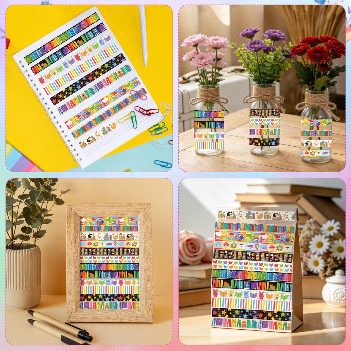 BkeeCten 12 Rolls Colorful Books Tearable Adhesive Clear Pattern Washi Tape