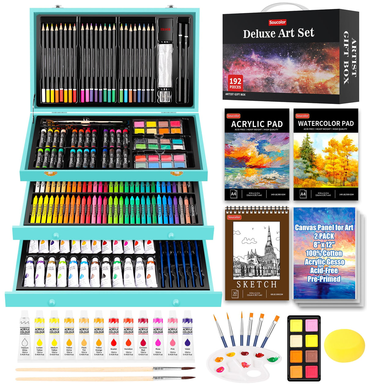 Soucolor Art Supplies, 192-Pack Deluxe Art Set Drawing Painting Supplies