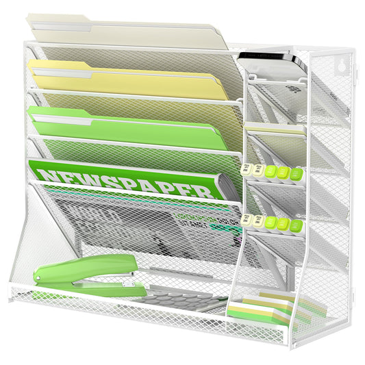 5-Tier Wall File Organizer with 4 Pen Holders and R-Shaped Tray,White