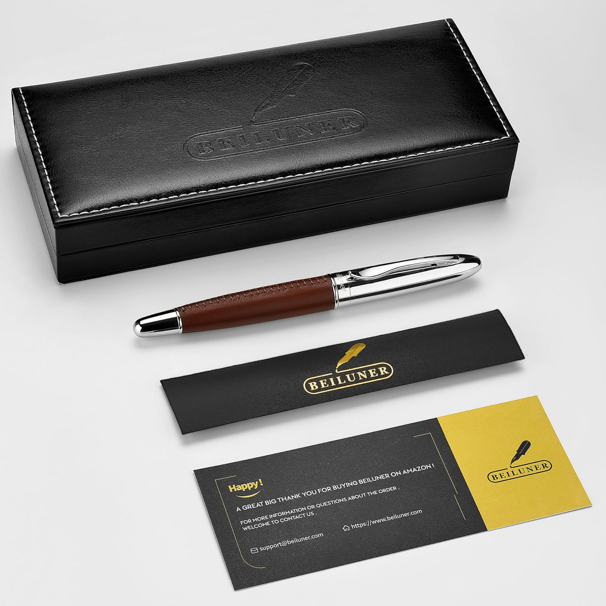 BEILUNER 318 Luxury Pen, Elegant Look,Hand-Stitched Premium Leather-Brown
