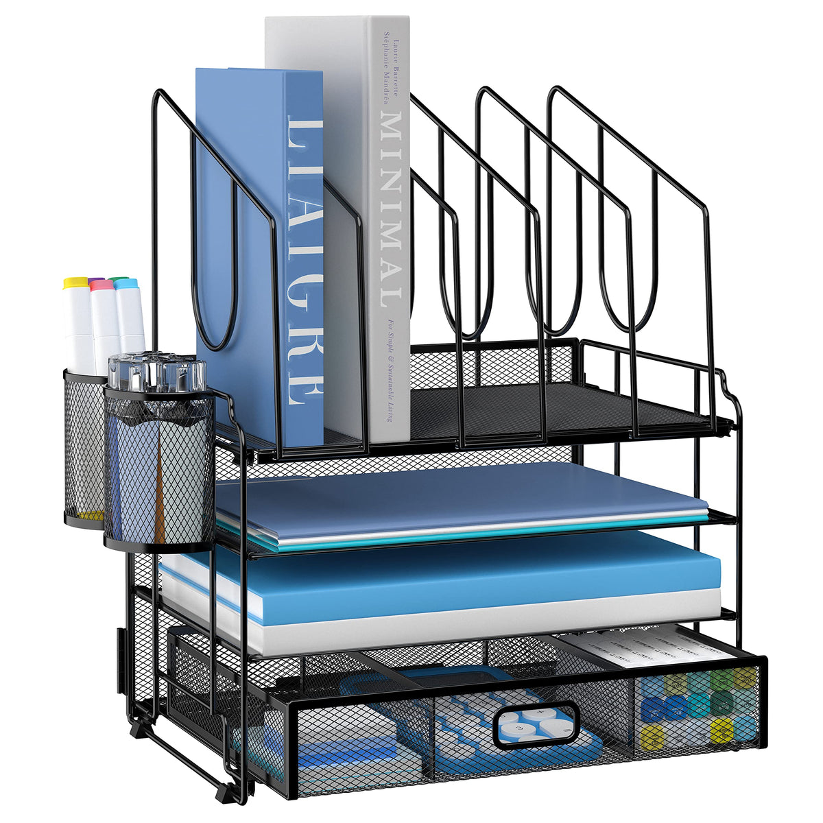 DALTACK 4-Tier Mesh Desk Organizer with Drawer, Desktop Organizer with 5 Vertical File Holders and