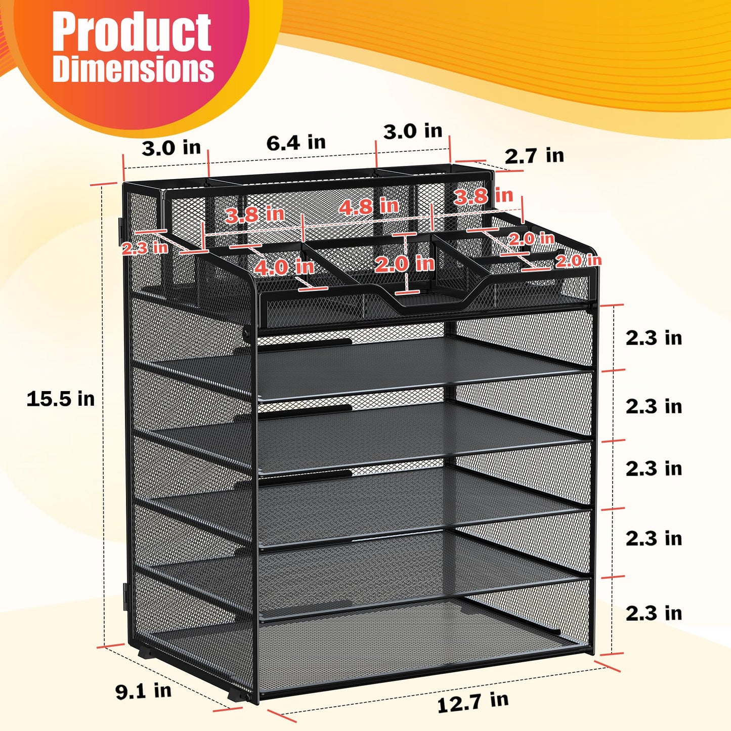 Docnest 6 Tier Mesh Desk Organizer with Letter Tray & Paper Sorter, Black