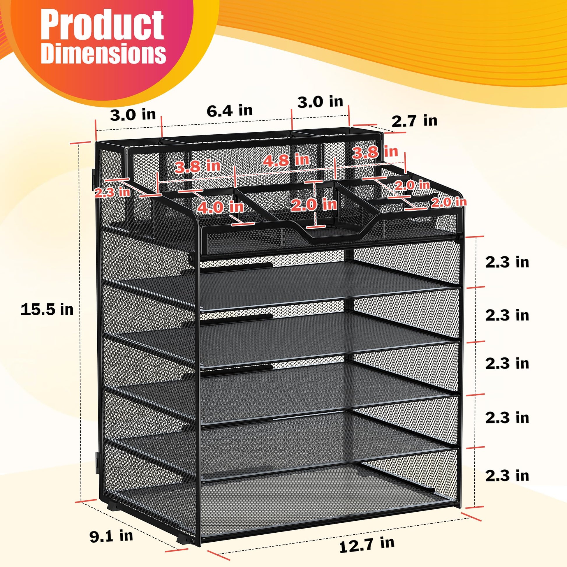 Docnest 6 Tier Mesh Desk Organizer with Letter Tray & Paper Sorter, Black