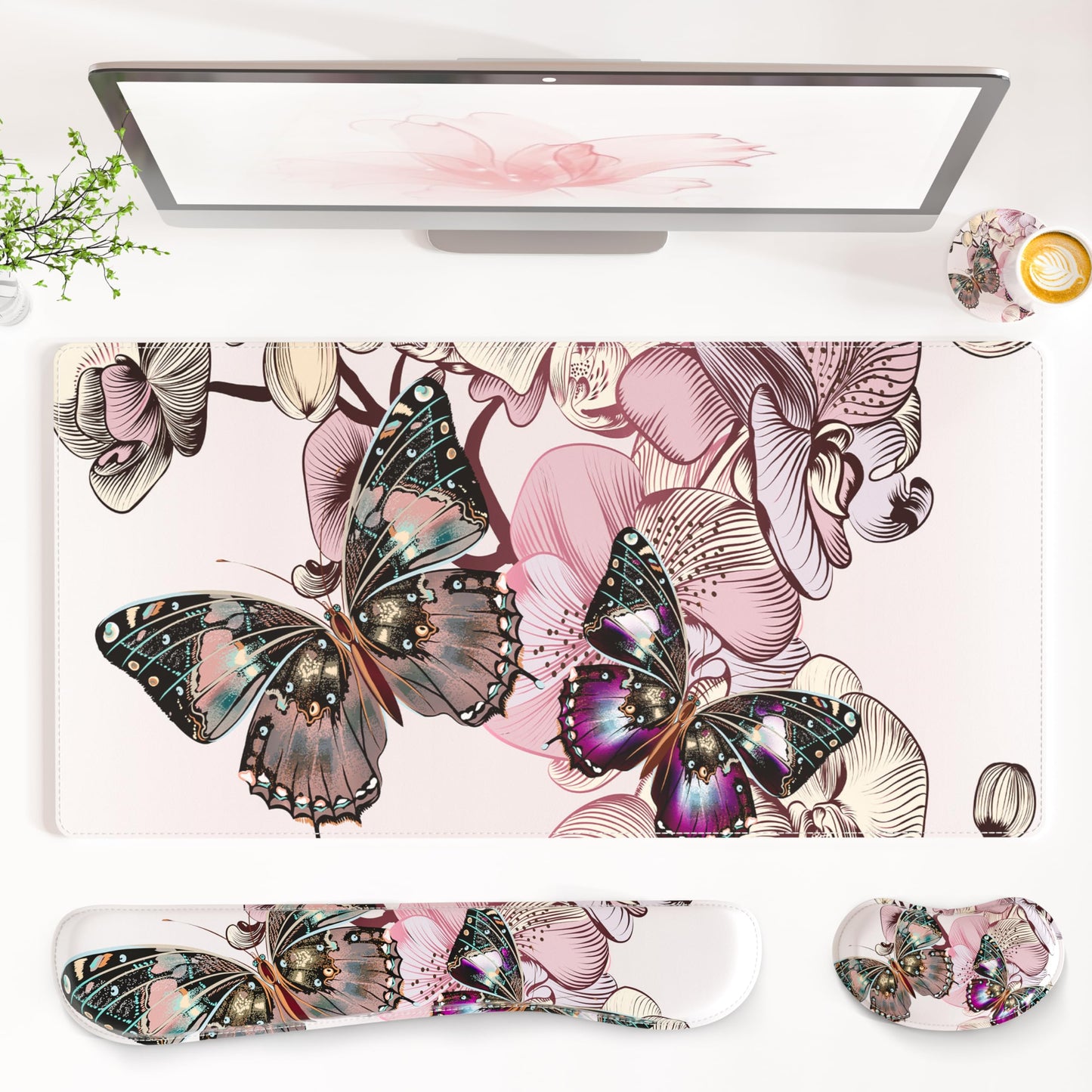 QiyI PU Leather Desk Mat Set, 4-in-1 Ergonomic Wrist Rest, Butterflies