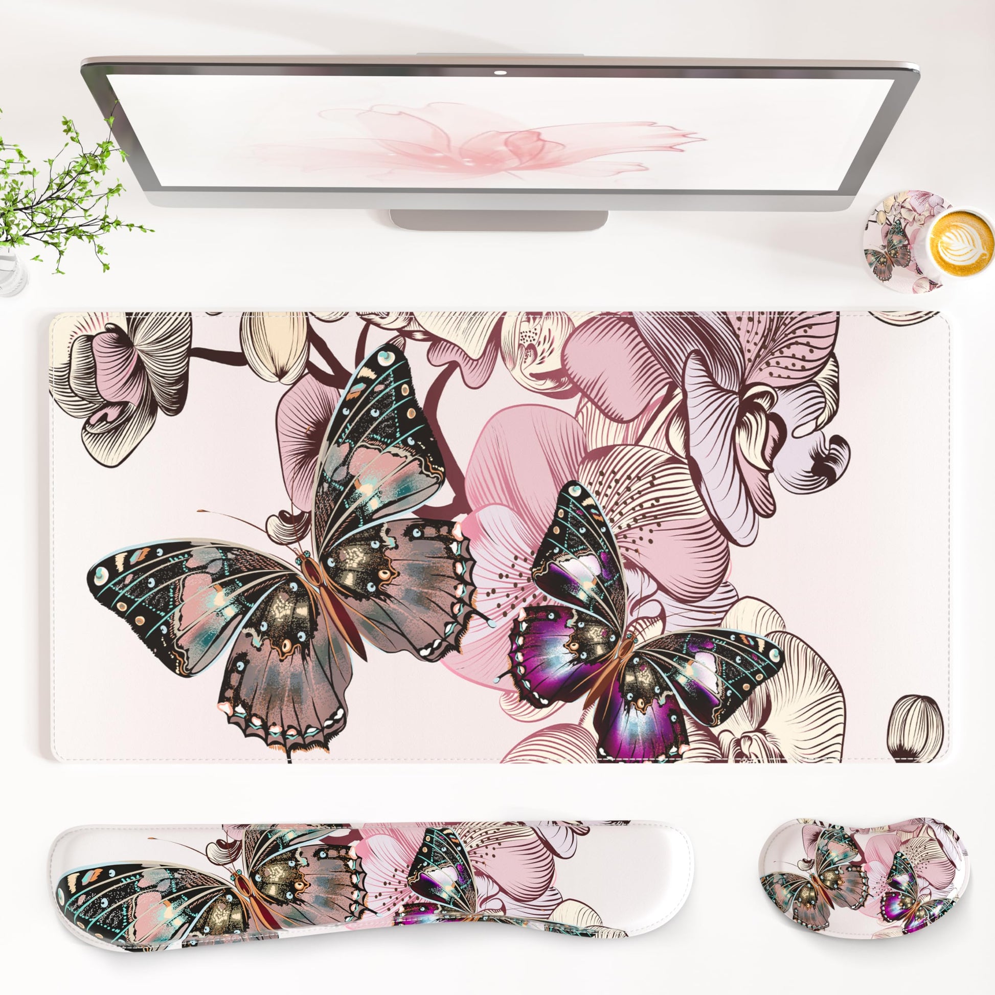 QiyI PU Leather Desk Mat Set, 4-in-1 Ergonomic Wrist Rest, Butterflies