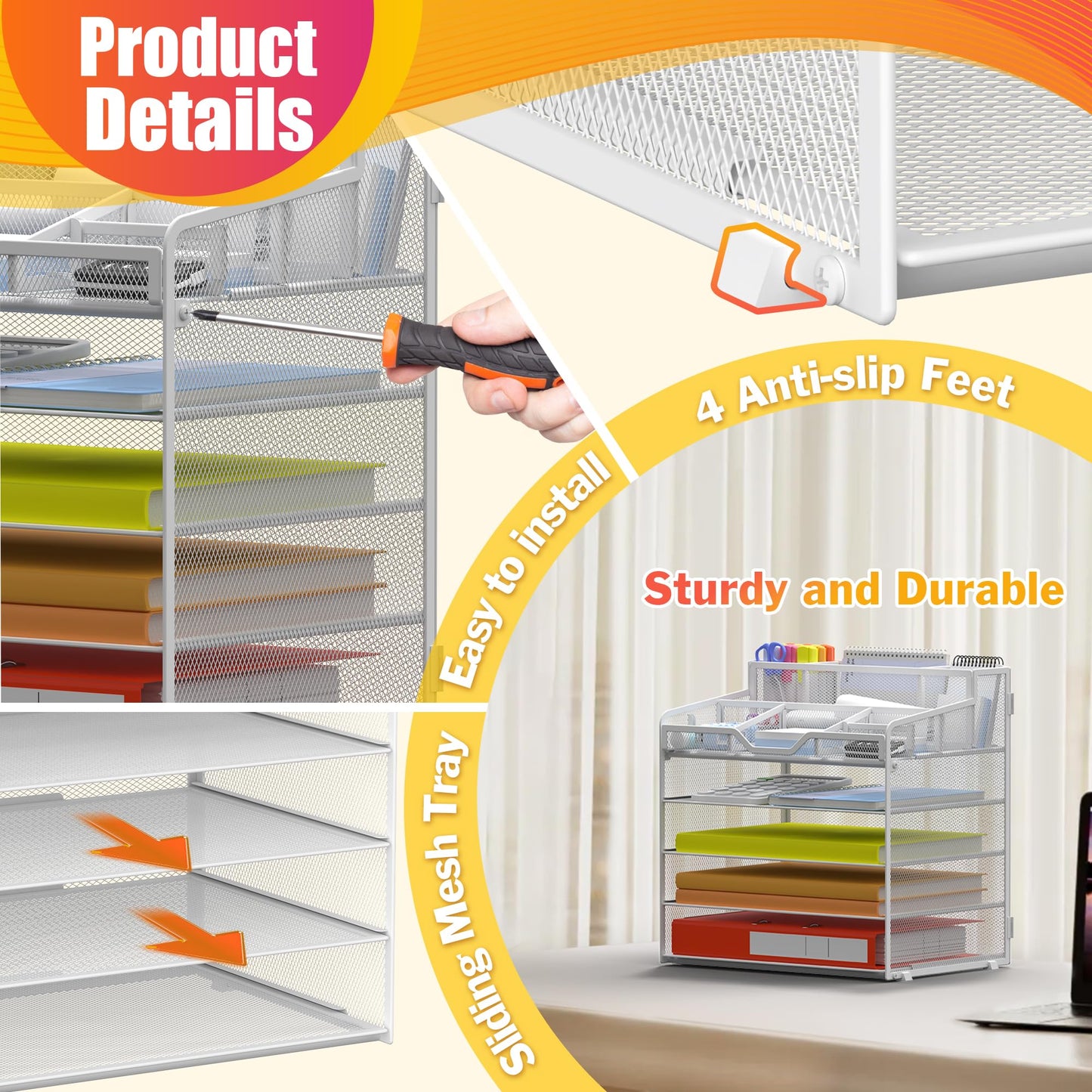 Docnest 5 Tier Mesh Desk Organizer with Letter Tray & Paper Sorter, White