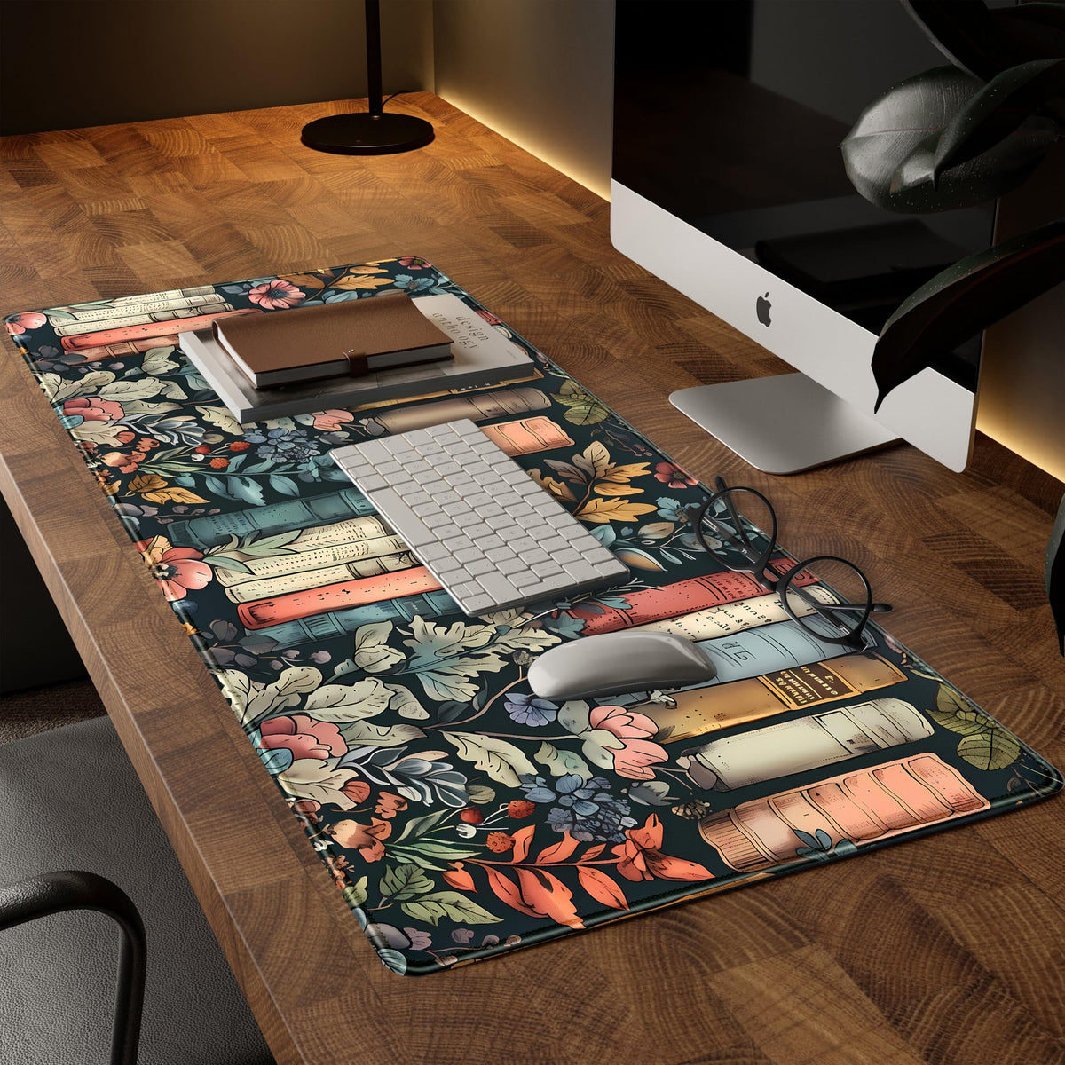 Floral Books Desk Mat Reading Desk Pad Mouse Mat XXL, Colorful Mouse Keyboard Pad Flower Bookshelf