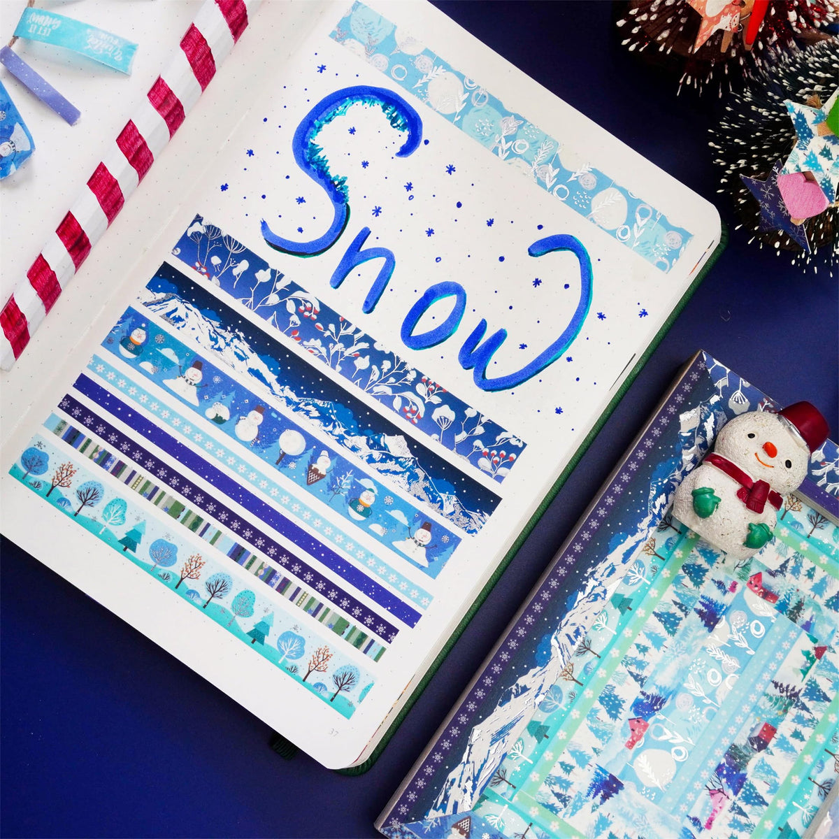 YUBX Winter Washi Tape Set 19 Rolls Skinny Snow Embellishment Blue Silver Foil Decorative Masking