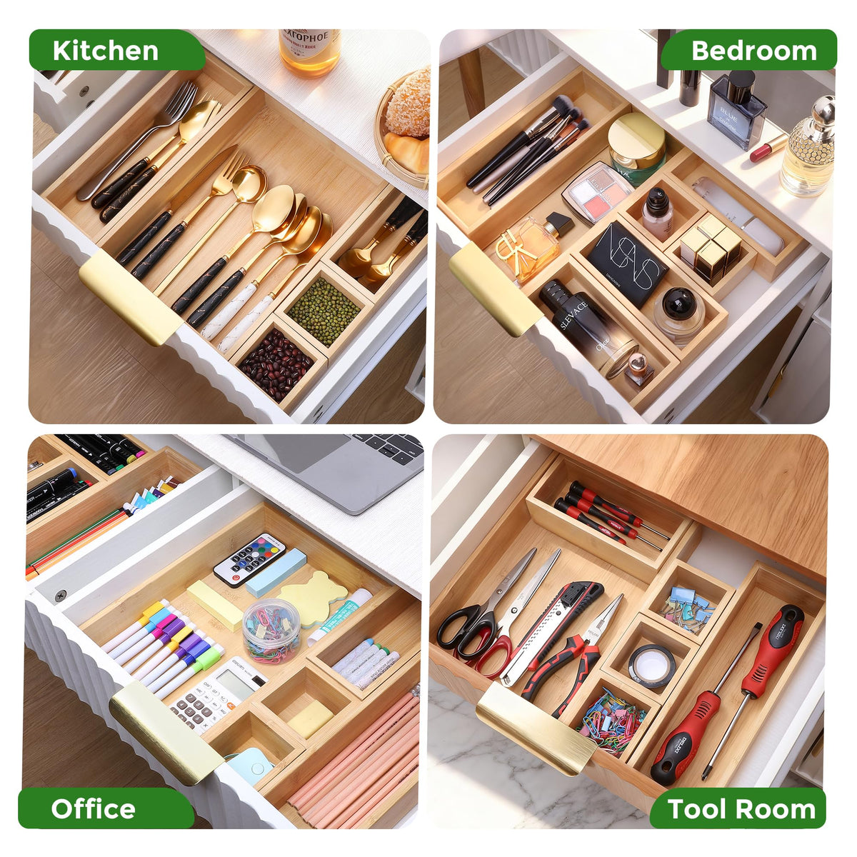 MapleGrace Bamboo Drawer Organizer Set, 14 PCS Wood Storage Organizers