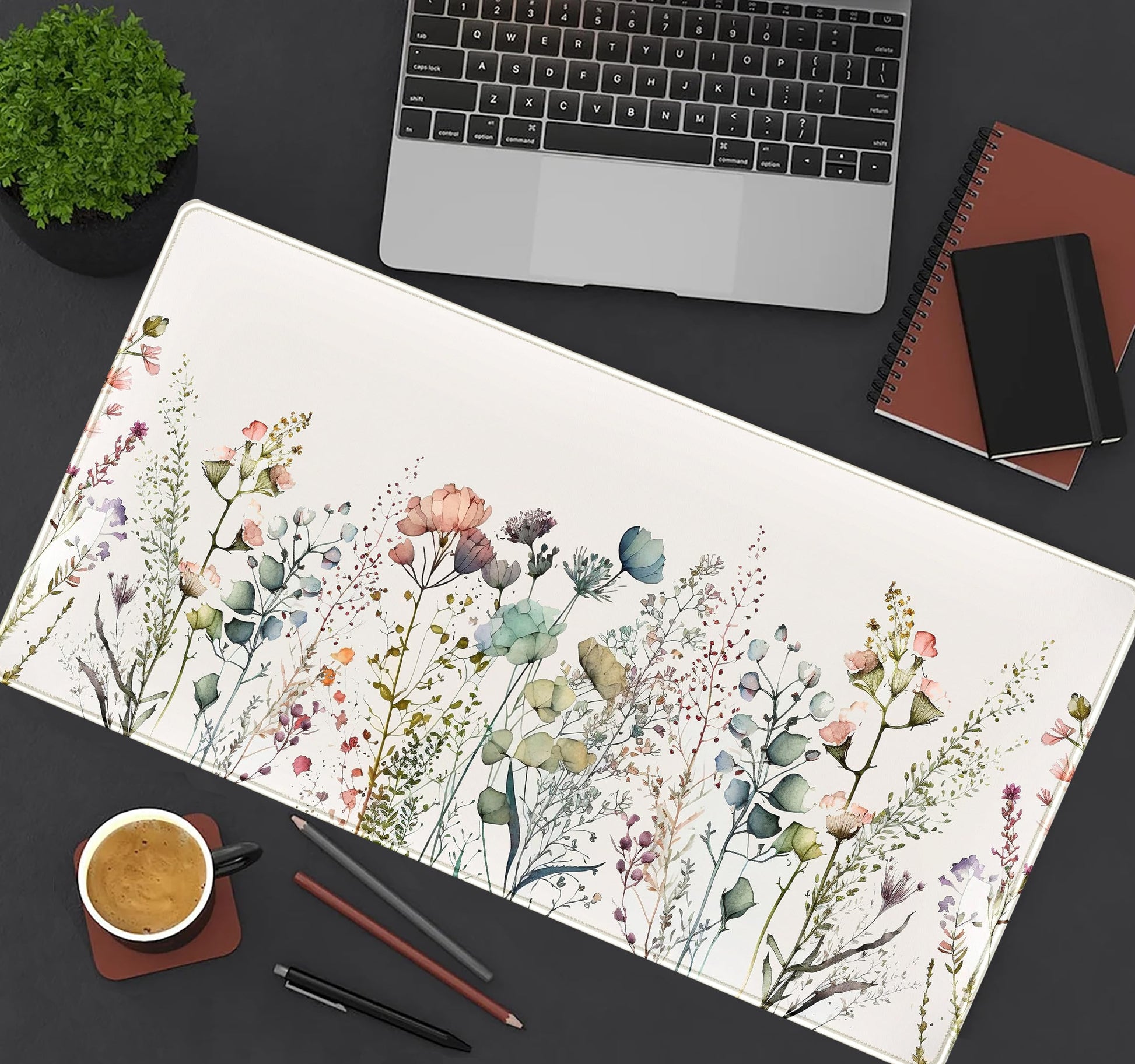 Floral Desk Mat Beige Boho Desk Pad, Large Extend Mouse Pad XXL, Cute Minimalist Flowers Keyboard