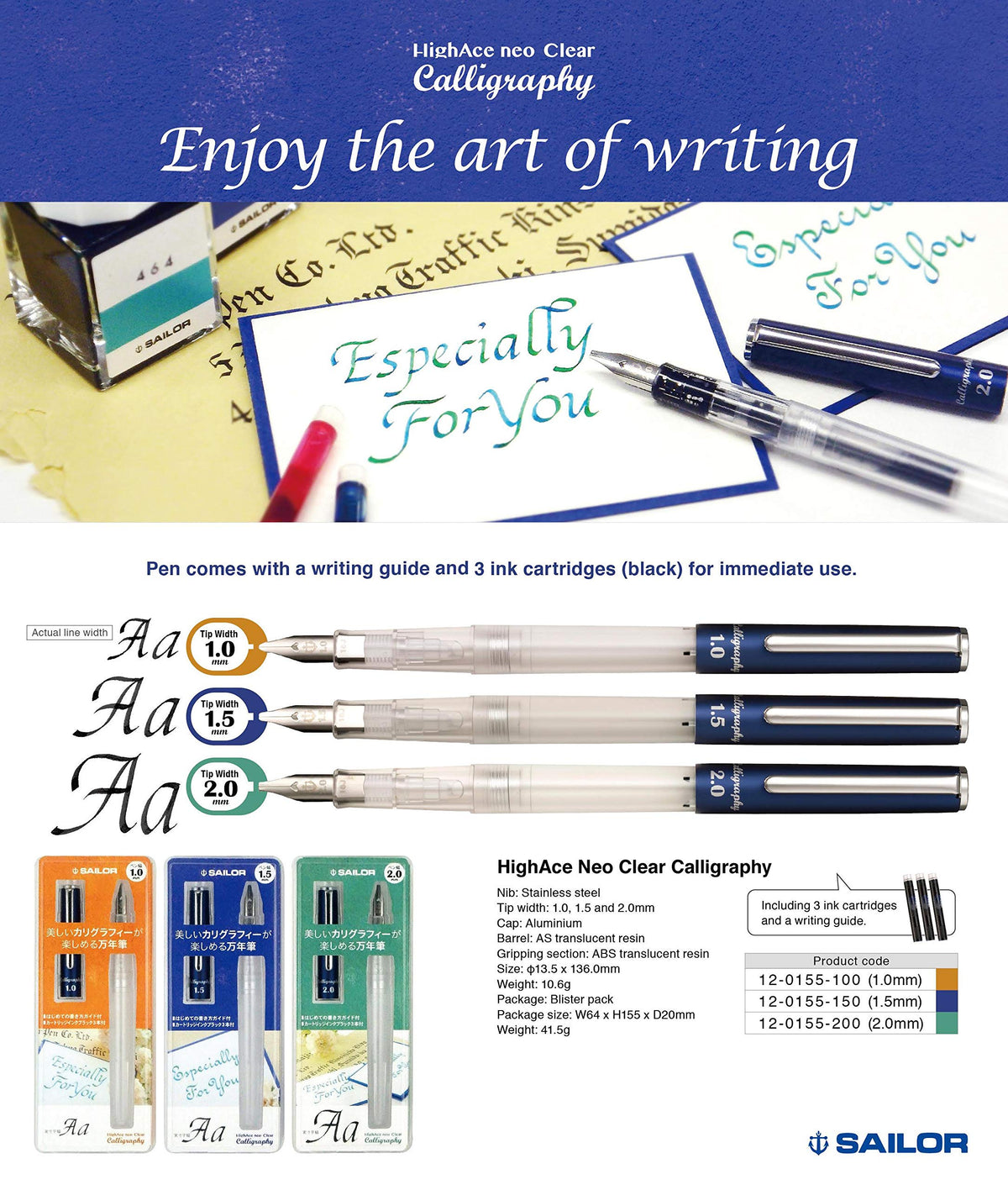 Sailor Fountain Pen HighAce neo Clear Calligraphy Nib Width 1.0mm 1.5mm 2.0mm Included 3 of
