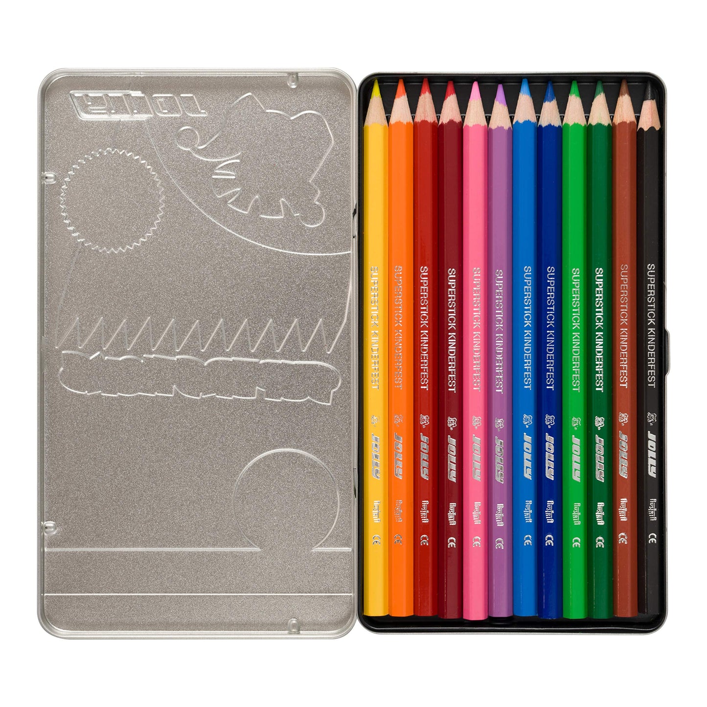 Jolly Supersticks Colored Pencils Tin Box of 12, Kinderfest 3.8mm Core