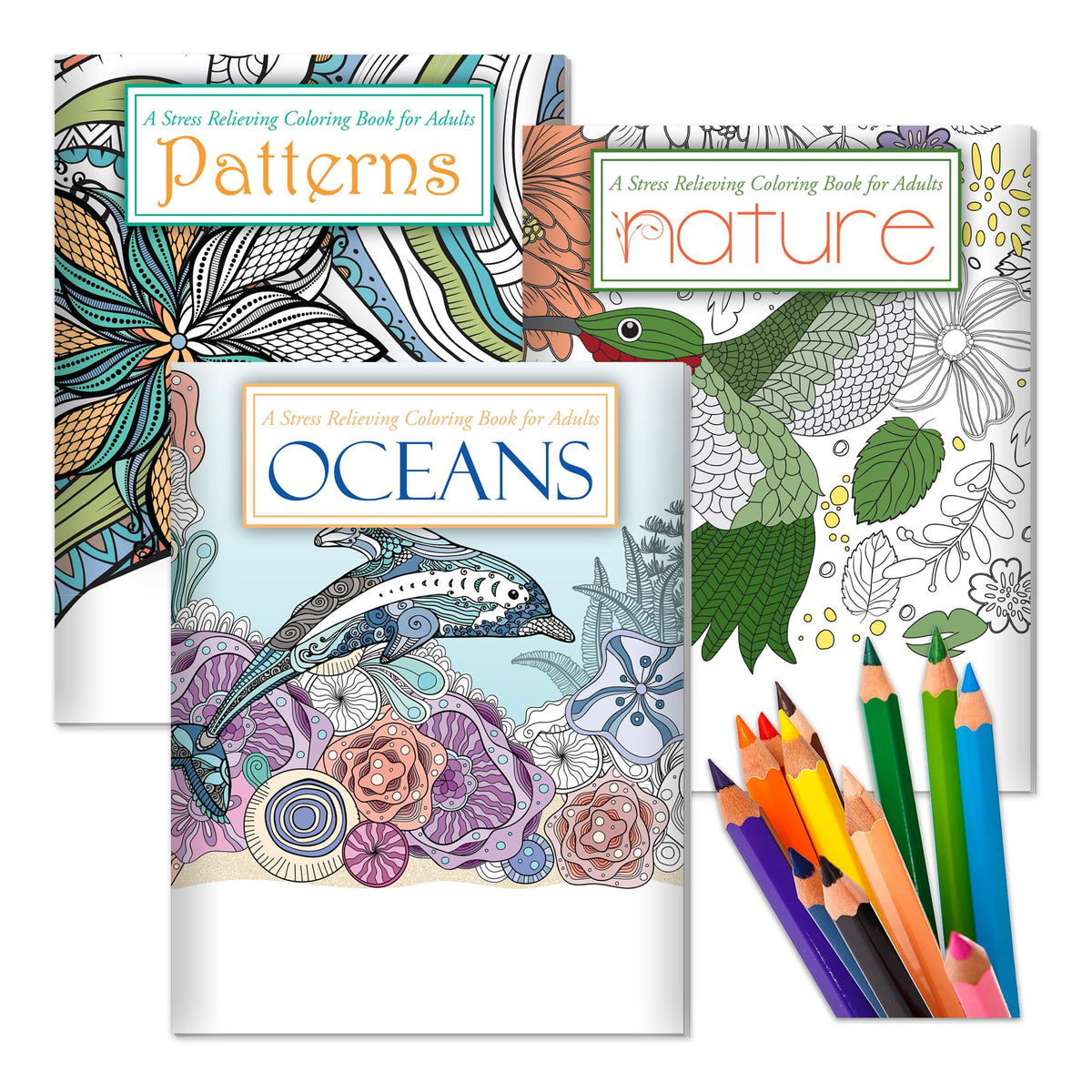 ZOCO - Gift Pack: 3 Adult Coloring Books Set with Colored Pencils - Oceans, Patterns & Nature