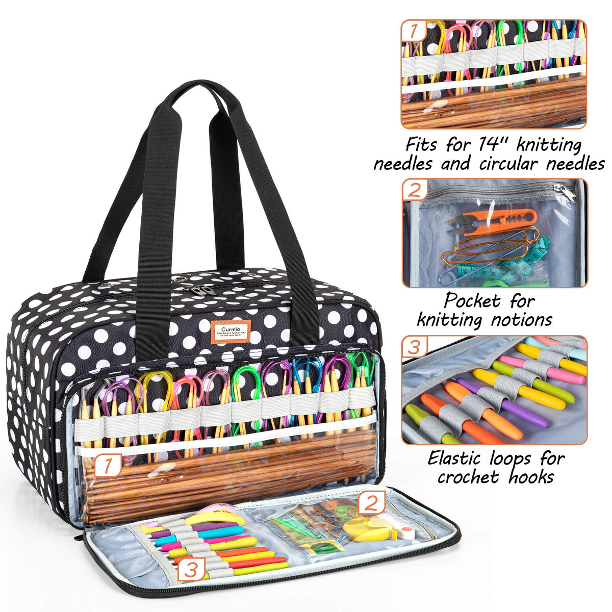 CURMIO Yarn Storage Bag for Crochet Hooks, Knitting Project, Dots