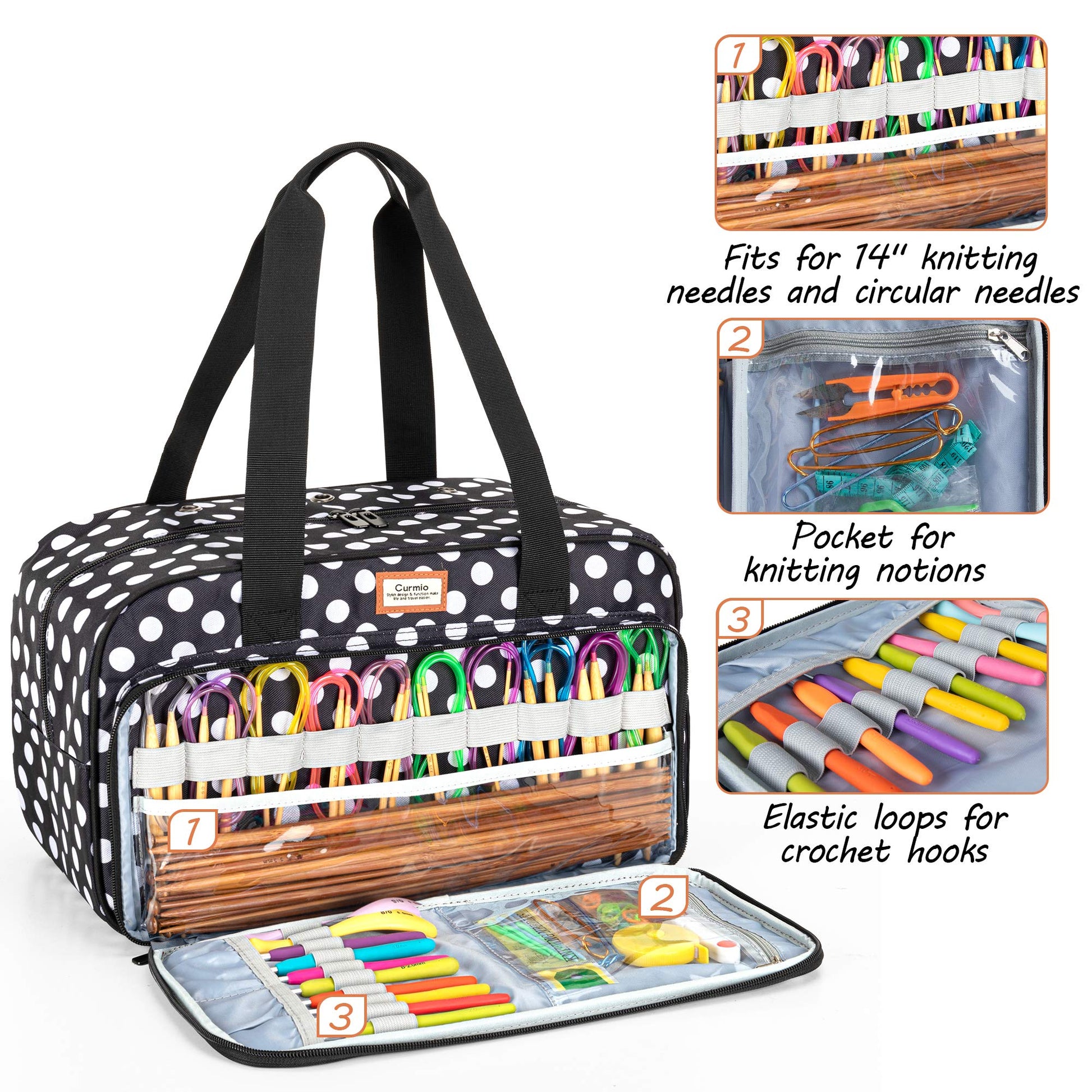 CURMIO Yarn Storage Bag for Crochet Hooks, Knitting Project, Dots