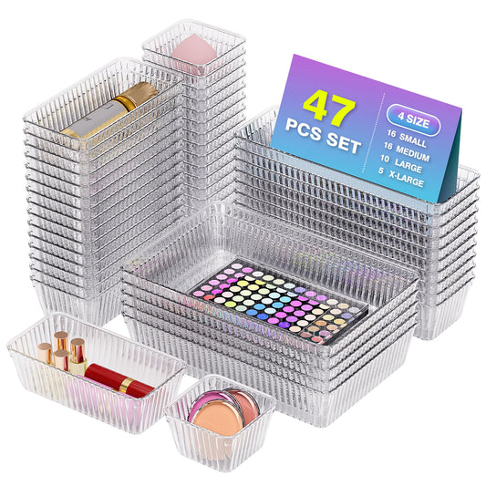 Okylvve 47 PCS Clear Plastic Drawer Organizer Set, Makeup Organizer Trays