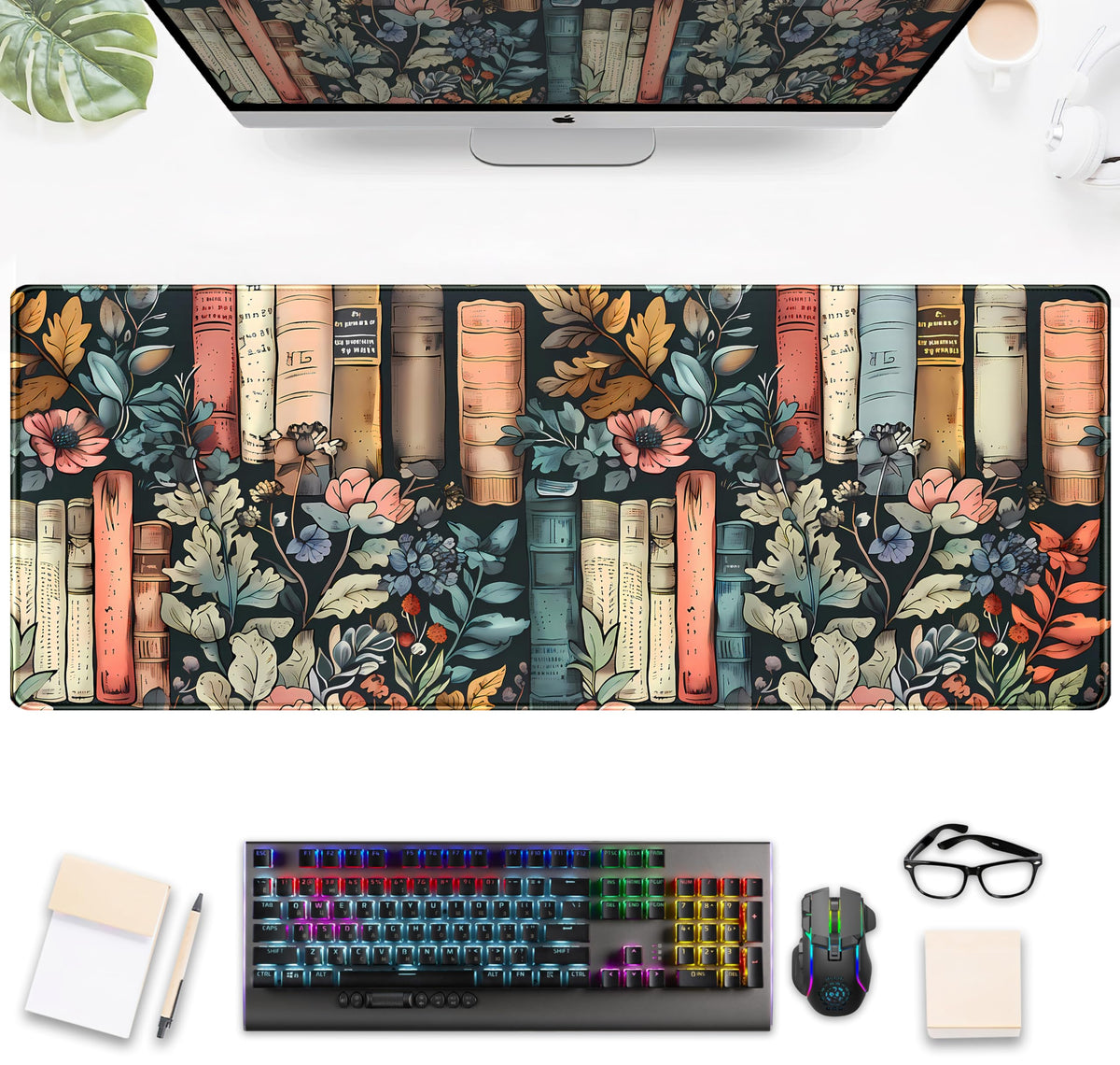 Flowers Desk Pads Gaming Desk Mat Large Keyboard Mouse Pad XL, Book Elements Computer Desktop Mats