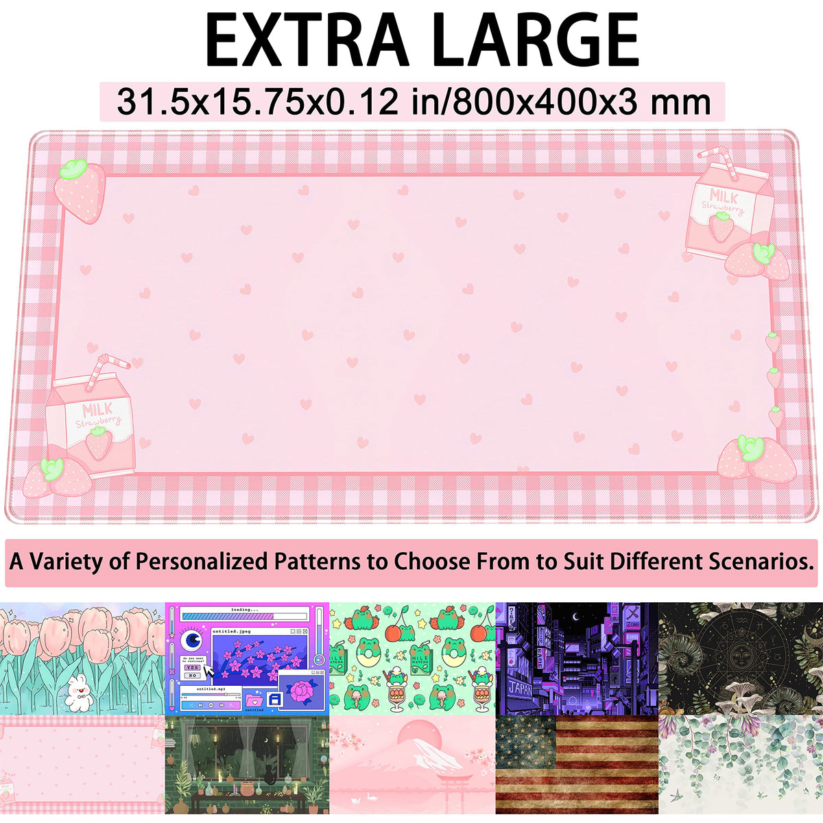Cute Pink Plaid Desk Mats Strawberry Milk Gaming Desk Pad, Kawaii Extended Mouse Pad Kawaii Large