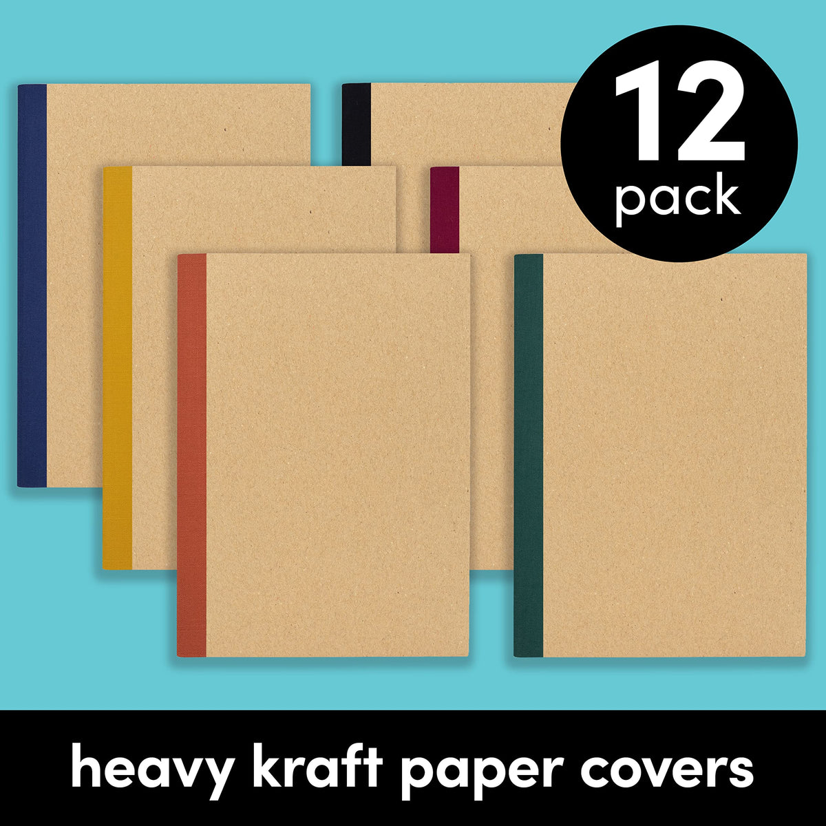 PAPERAGE 12-Pack Composition Notebook Journals, 120 Pages, Kraft Cover with Jewel Tone Spines