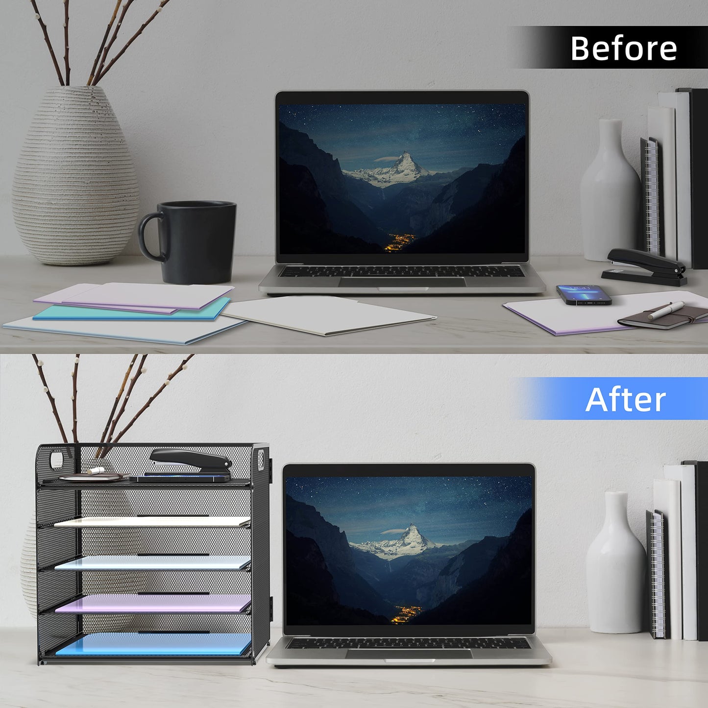 Supeasy 5 Trays Paper Organizer Letter Tray with Handle-Mesh Desk File Holders, Paper Sorter Desk
