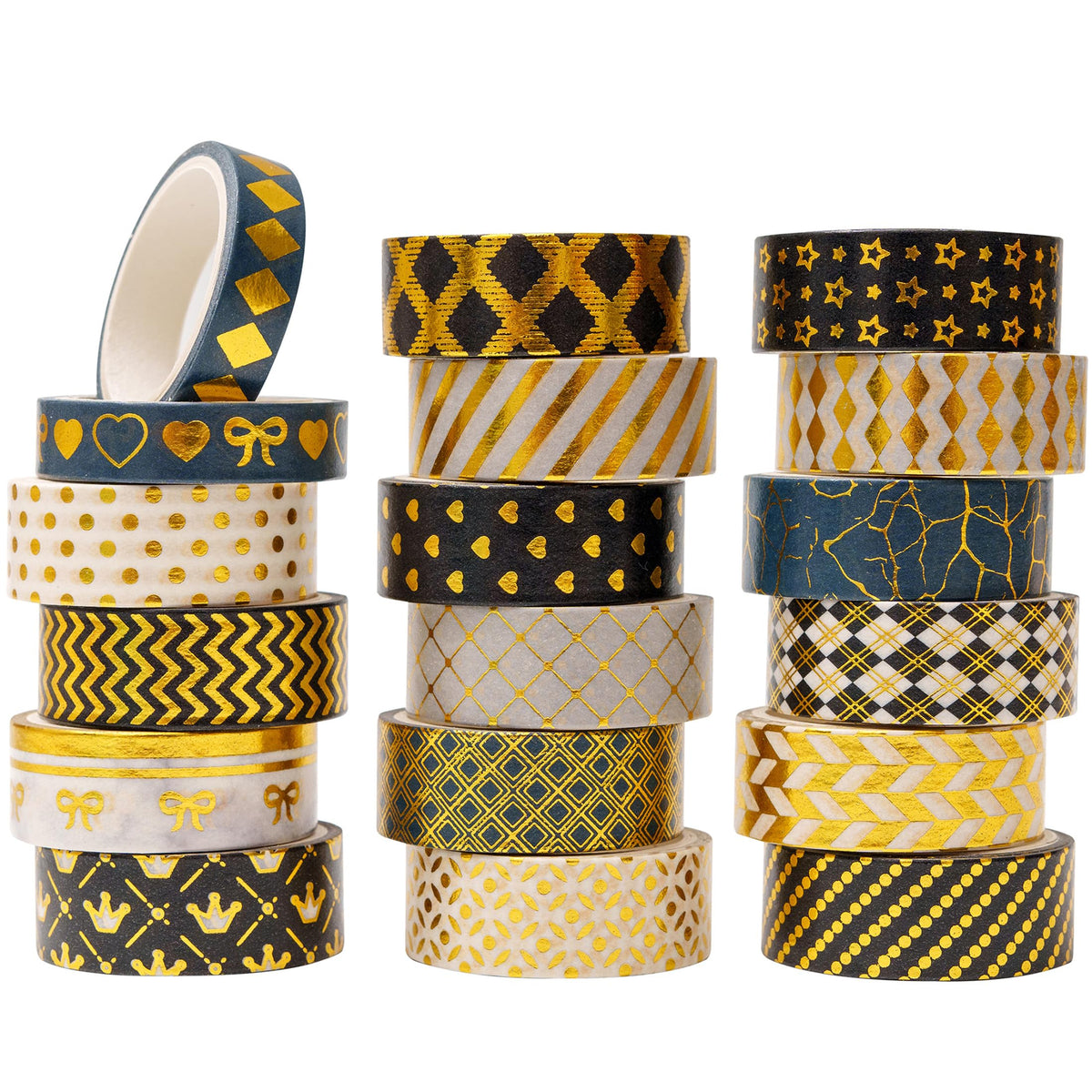 YUBBAEX 18 Rolls Black Gold Washi Tape Set Basic Patterns Foil Print Decorative Tapes for Arts, DIY