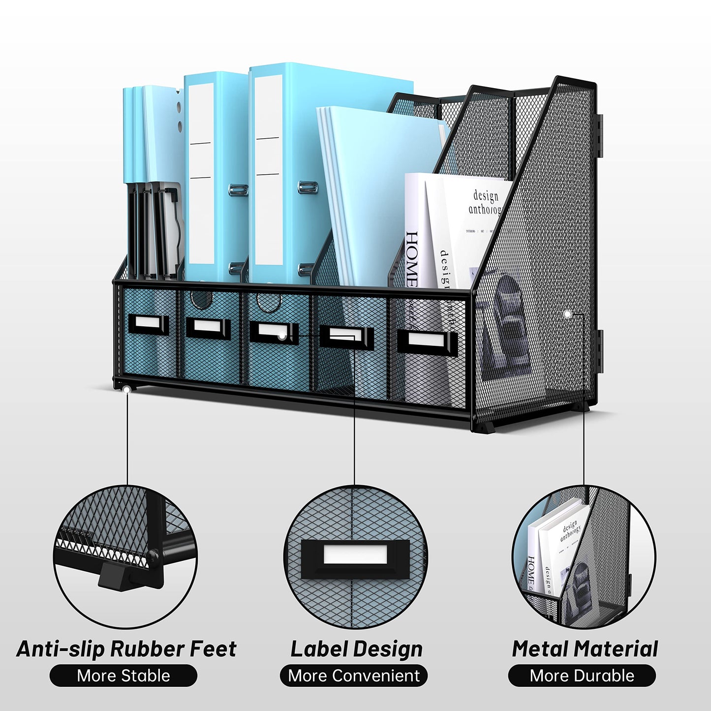 SUPEASY Desk Organizers Metal Desk Magazine File Holder with 16''x12''x12'' 5 Vertical Compartments