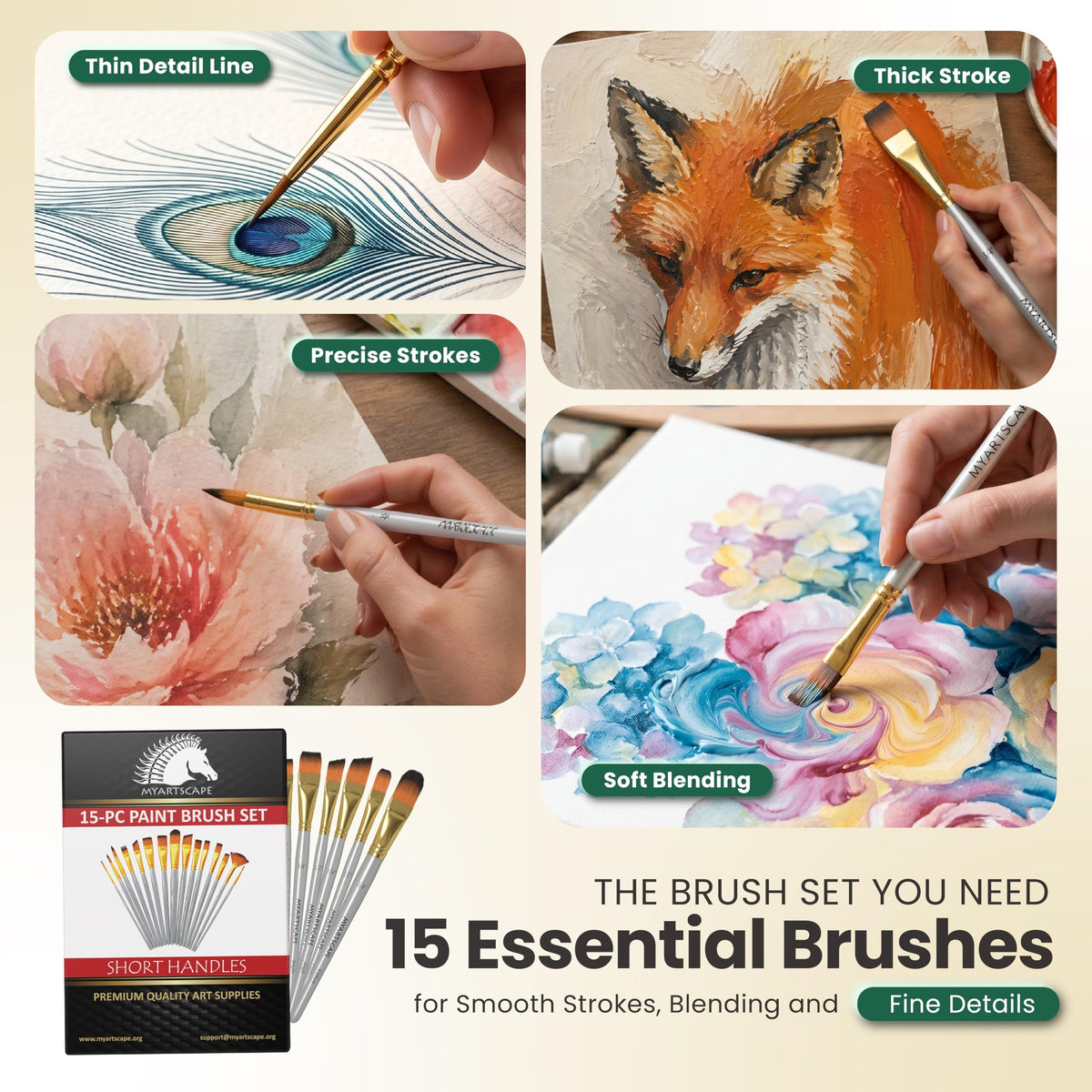 MyArtscape Paint Brush Set - 15 Short Handle Taklon Artist Brushes