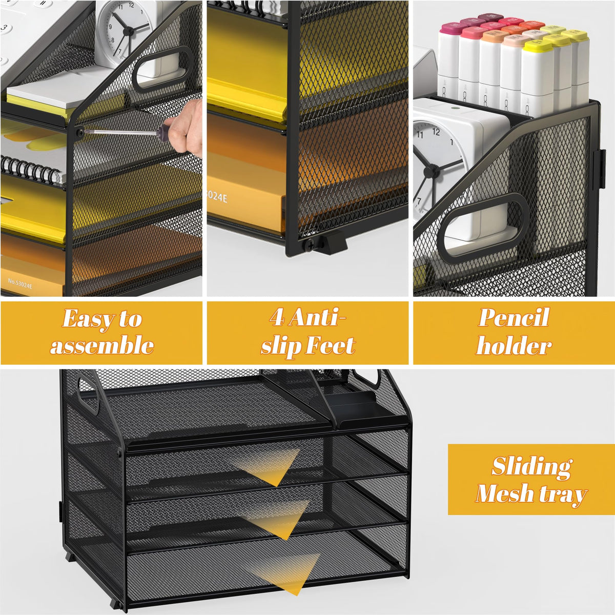 OrgMate 4 Tier Mesh Desk Organizer with Pen Holder and Handle Letter Tray