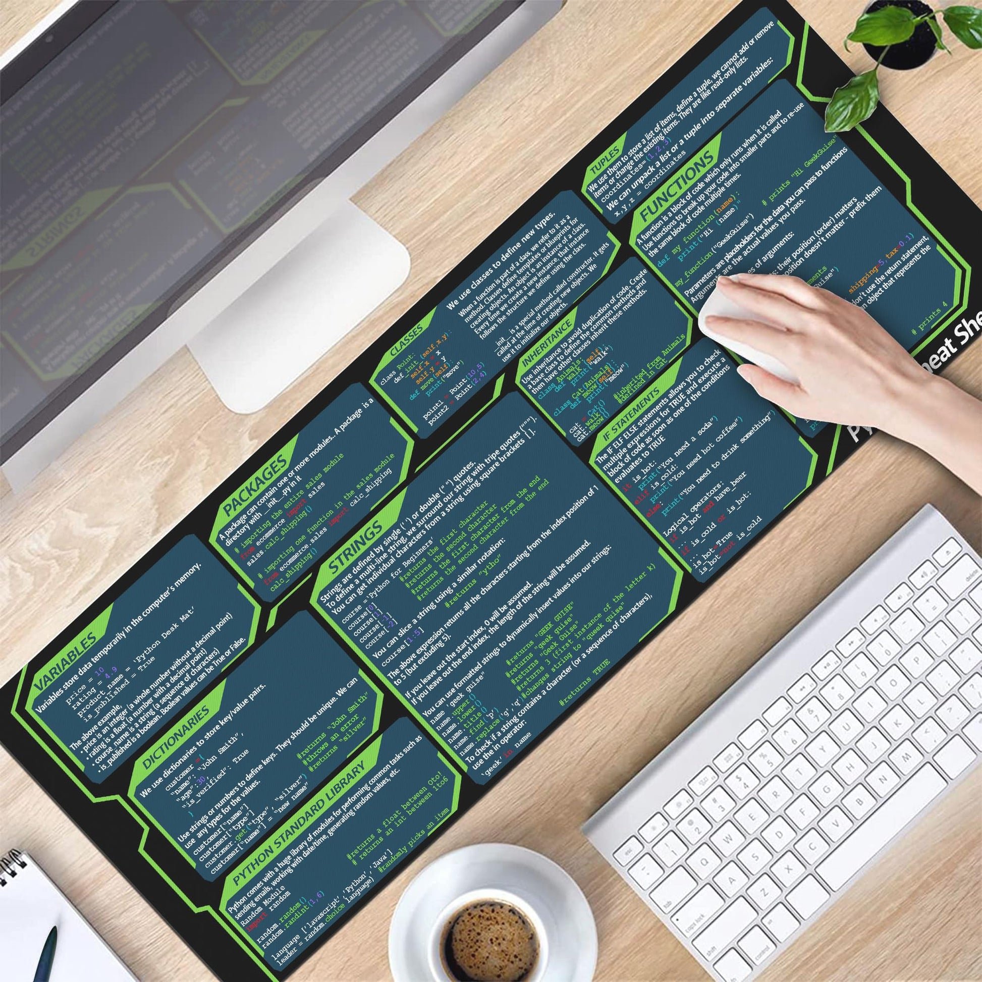 Designfullprint Python Cheat Sheet Mousepad for Beginner, Python Reference Guide Desk Mat, Python