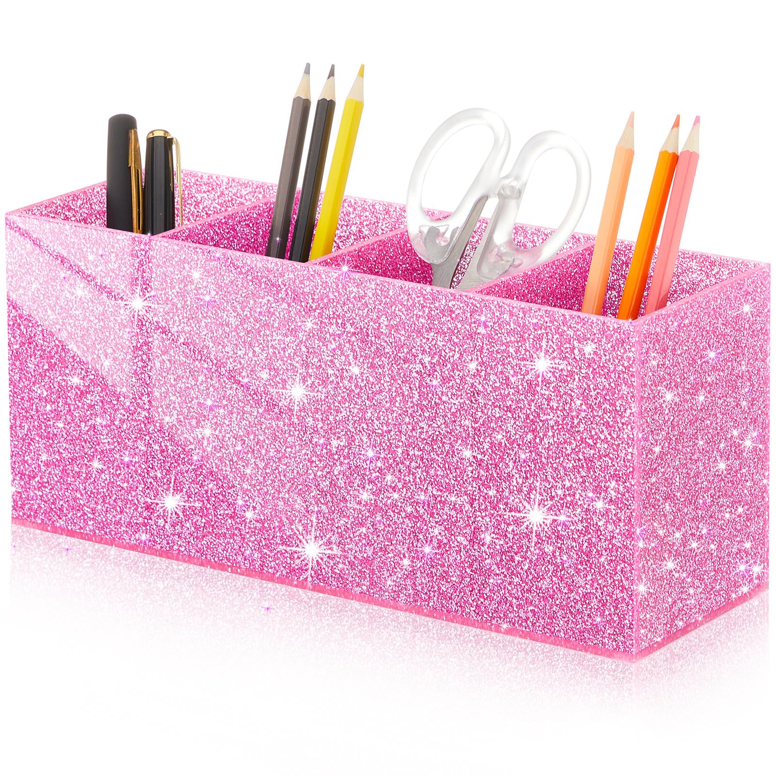 Jetec Acrylic Pen Holder for Girl Desktop, 4 Compartments, Sparkly Pink