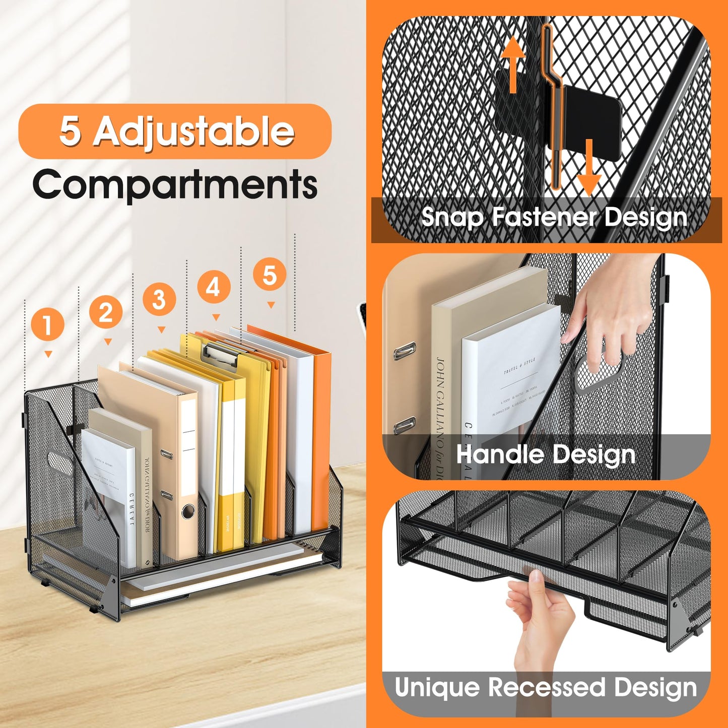 OrgMate 5 Vertical Mesh Desk Organizer with Paper Letter Tray, Black