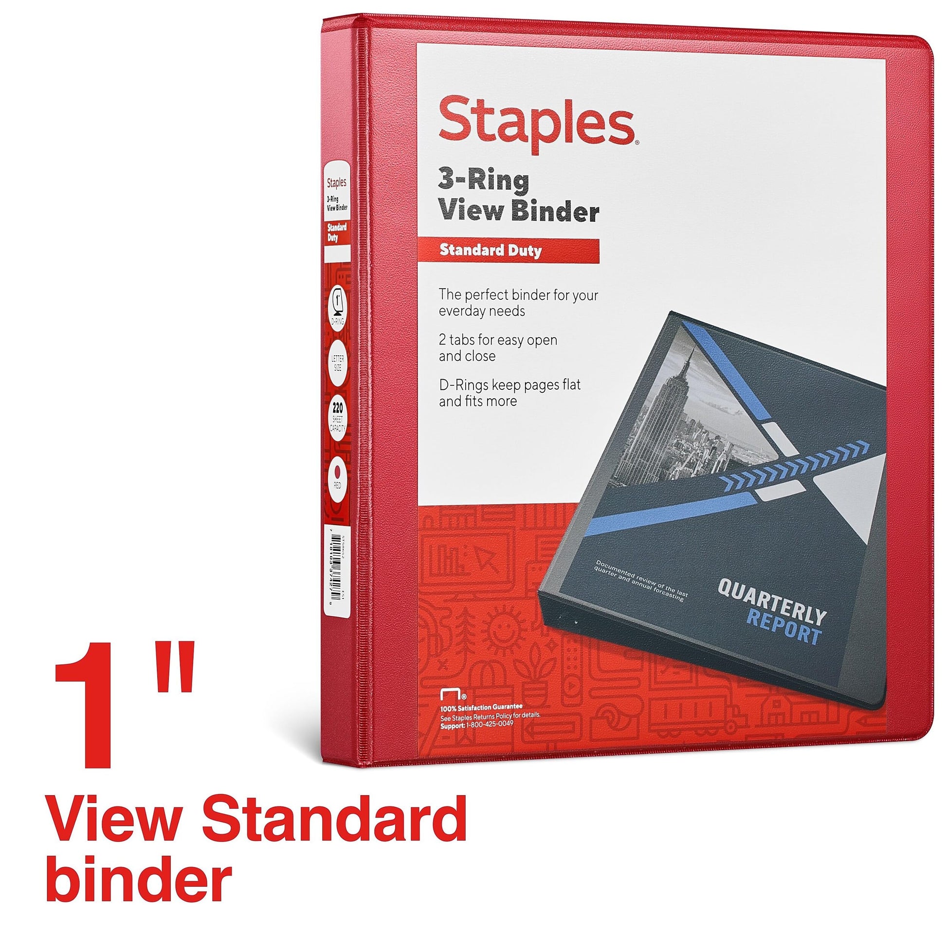 Staples 1" 3-Ring View Binders, D-Ring, Red, 4/Pack