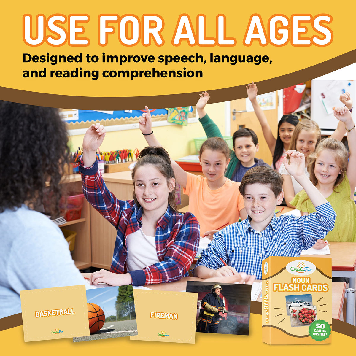 CreateFun 50 Noun Flash Cards, Fun Vocabulary Builder for Speech Therapy
