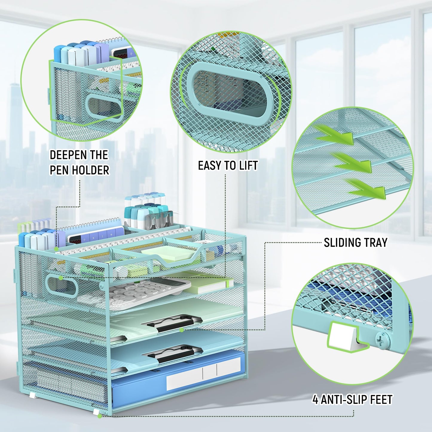 Docnest 5 Tier Mesh Desk Organizer with Removable Tray&Pen Holder, Blue