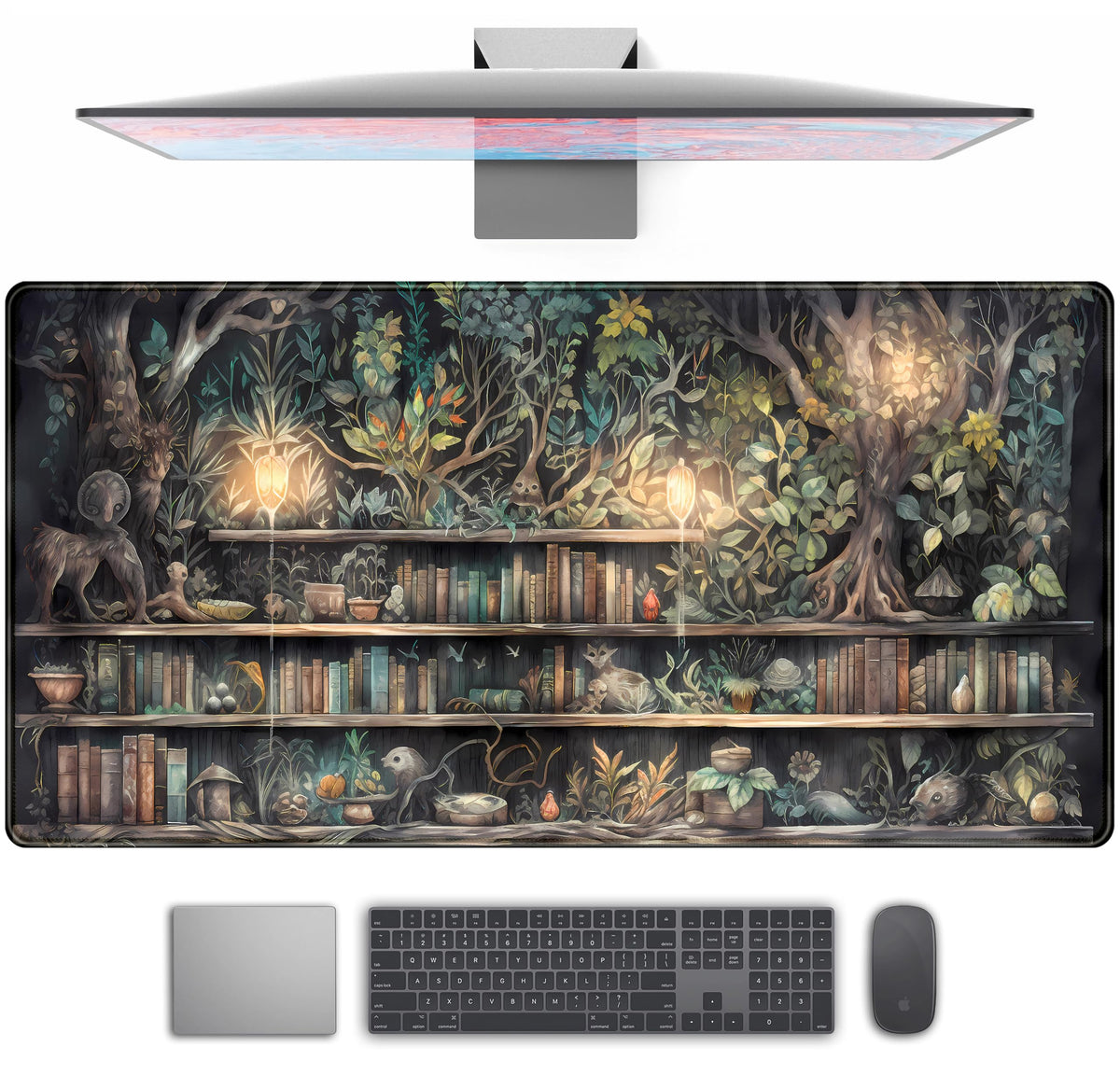 Forest Library Book Mouse Pad Desk Mat, Mystical Green Tree House XXL Extended Large Gaming Desk