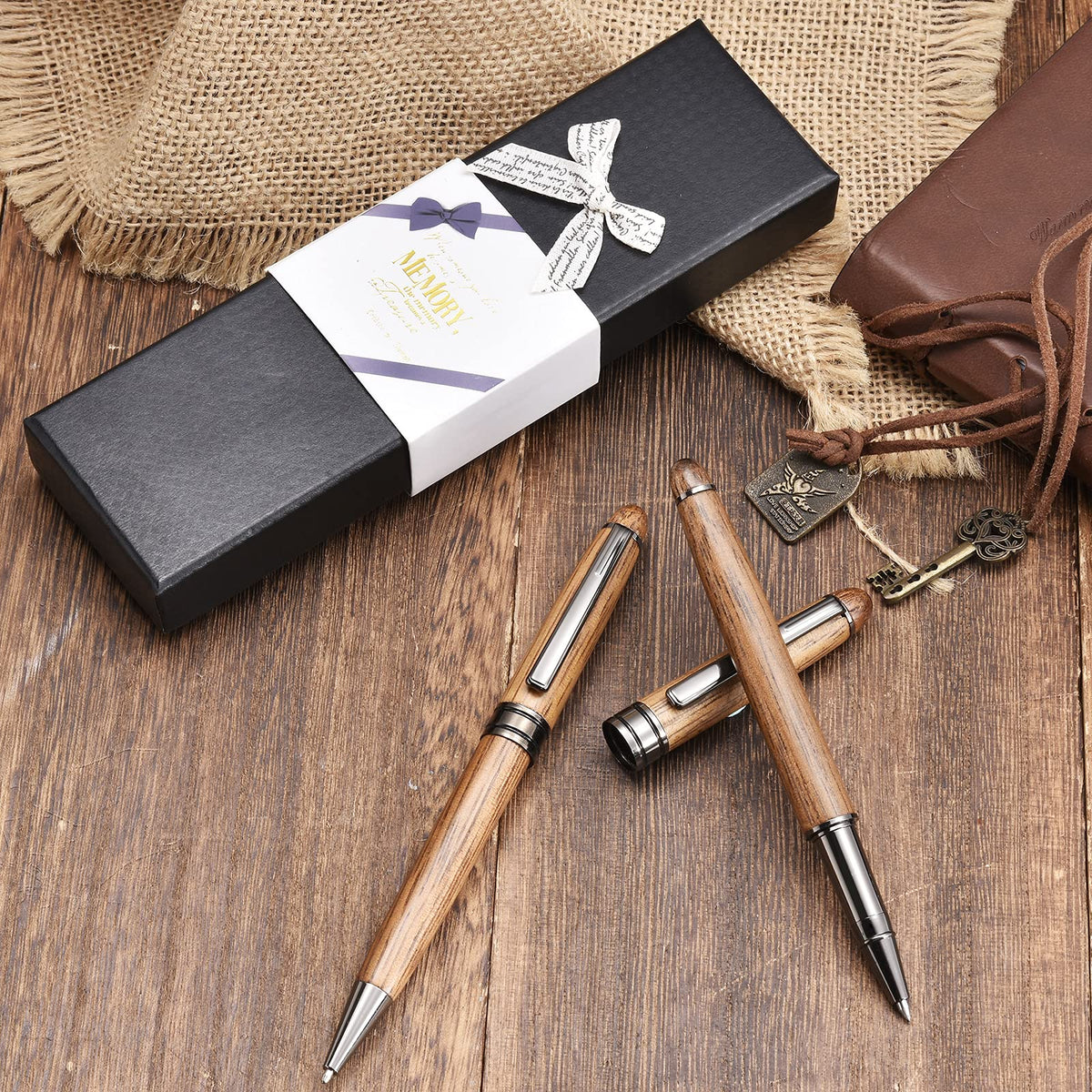 Wood Ballpoint & Rollerball Pen Set 2 Pack, Fancy Wooden Pens for Men