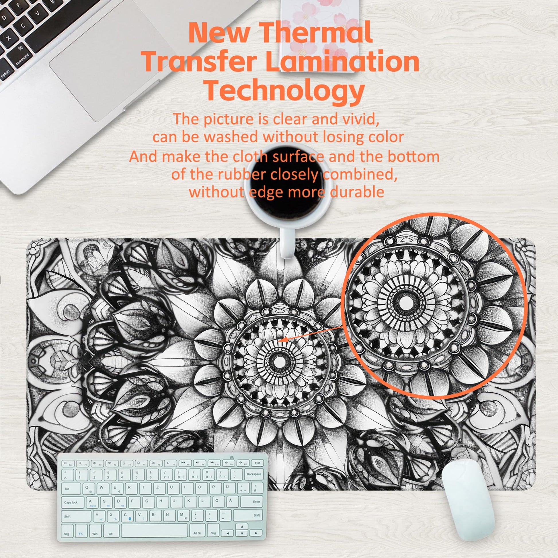 KOAIWPAE Large Gaming Mouse Pad for Desk, Black and White Mandala Desk Mat, Mandala Flower Desk
