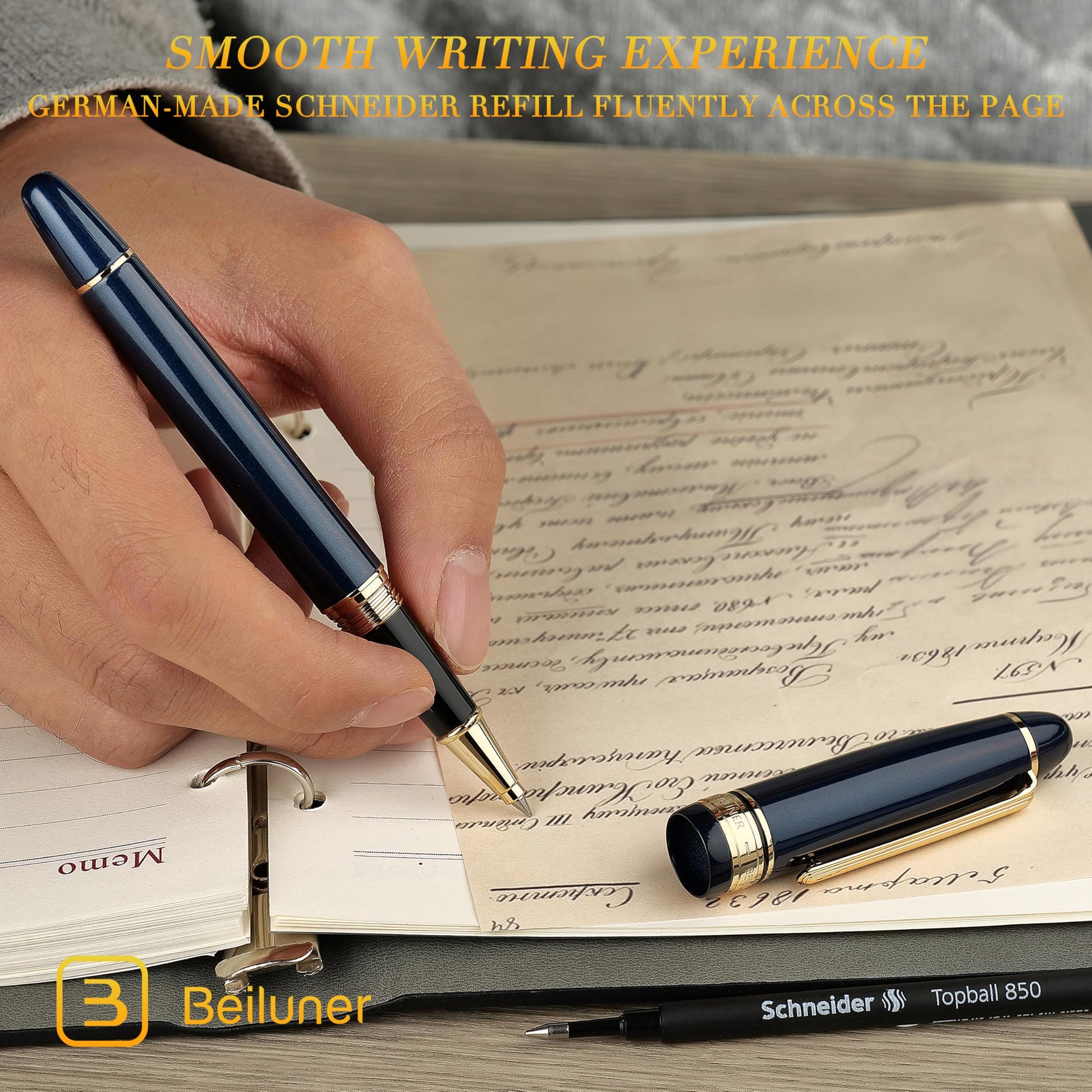 BEILUNER 319 Piano Blue Lacquer Rollerball-Luxury Pen with 24K Gold