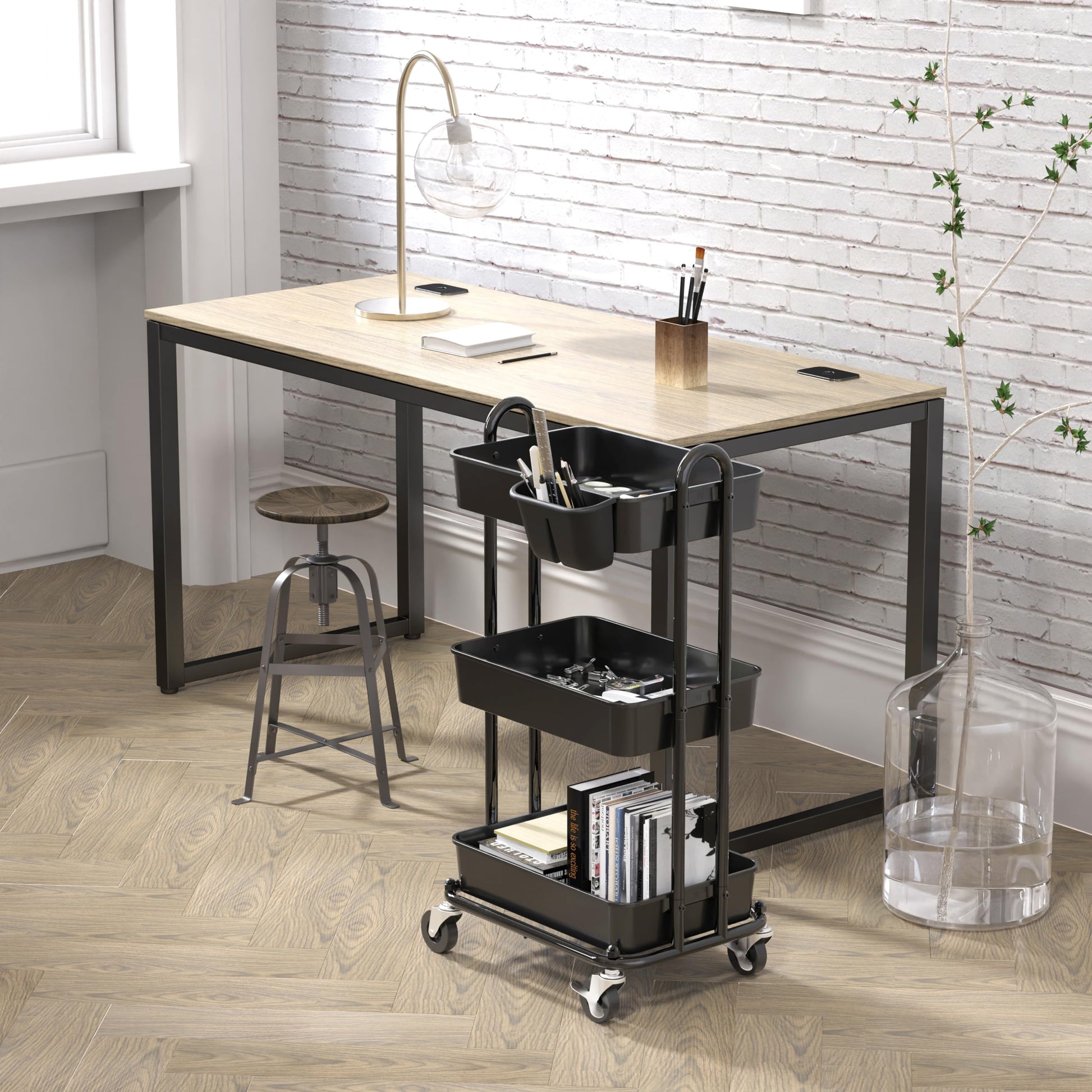 Simple Houseware 3-Tier Rolling Utility Cart with Hanging Bucket, Black