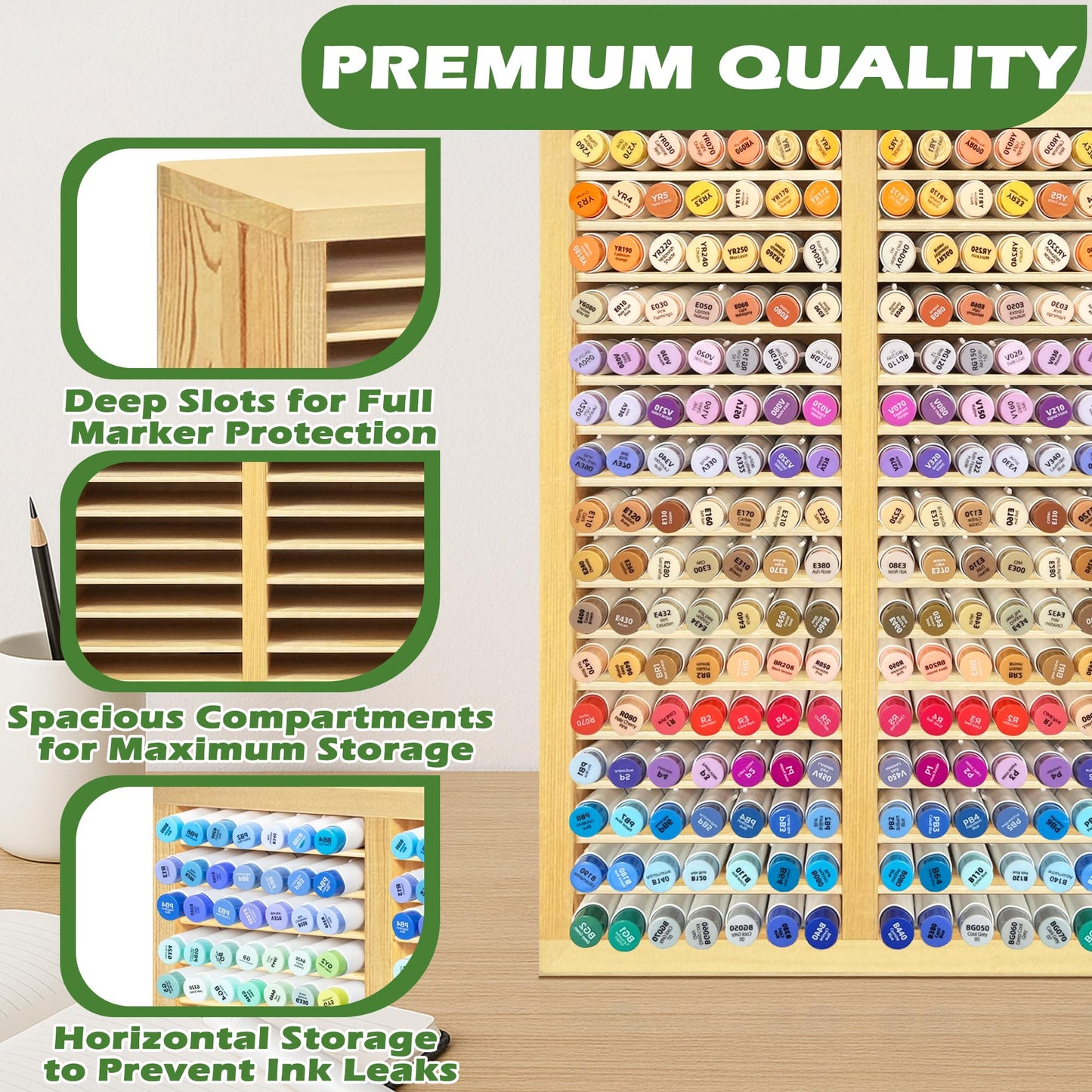 PROLEE Marker Organizer for 224 Markers, Wooden Alcohol Marker Holder with 32 Compartments