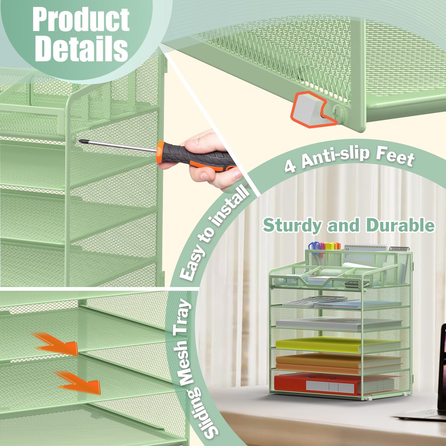 Docnest 6 Tier Mesh Desk Organizer with Letter Tray & Paper Sorter, Green