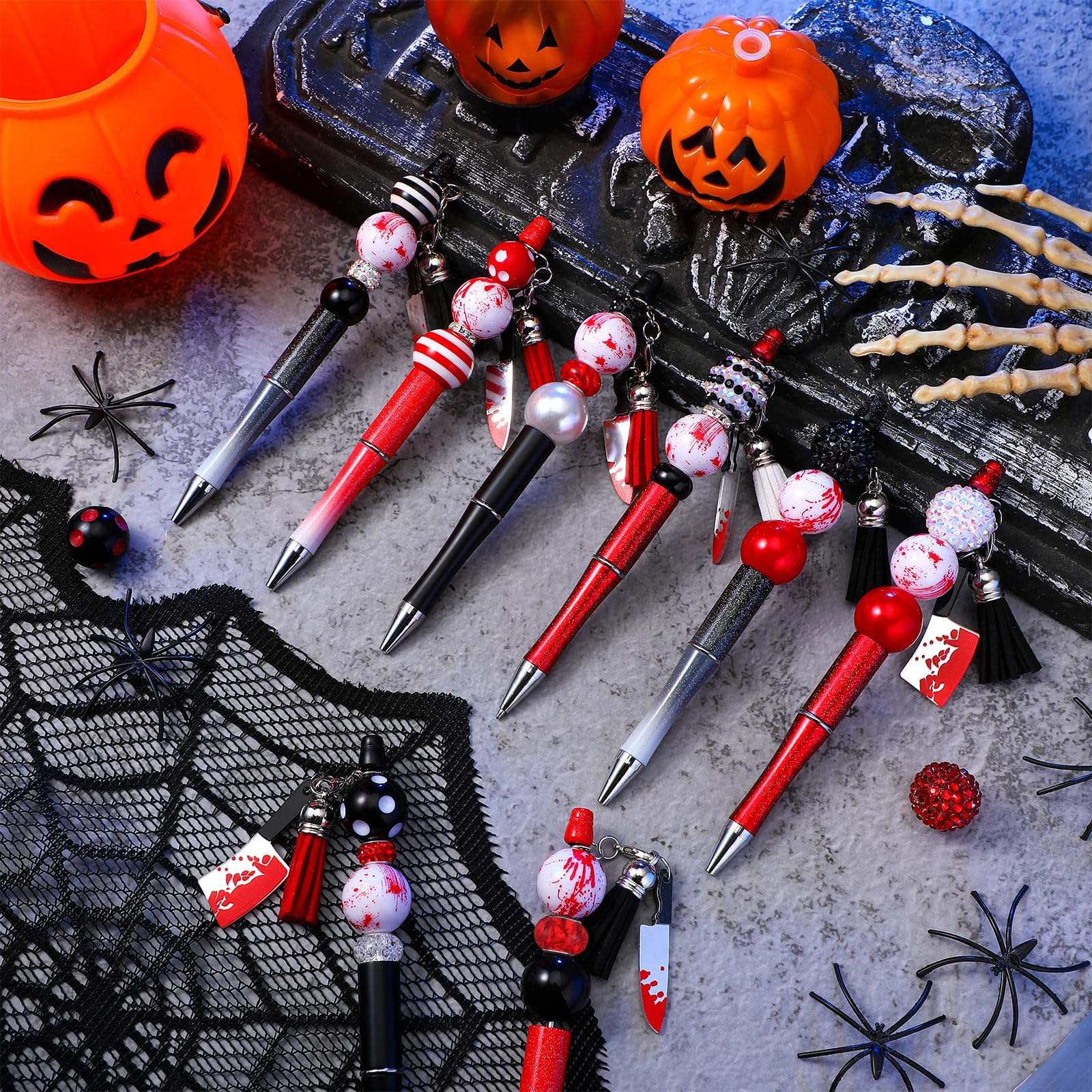 Teling 12 Sets Halloween Horrible Beadable Pens with Focal Silicone Beads