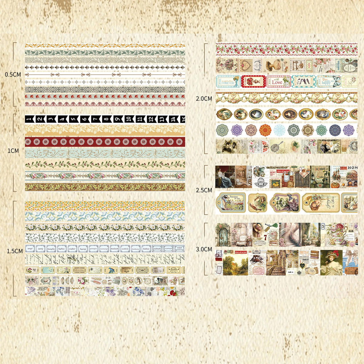 Songdao 36 Rolls Vintage Washi Tape Pack Retro Arts Adhesive Tapes Wide Chronicle Decorative